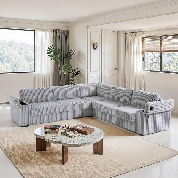 (incomplete 1 box) 5 Piece 109.5" L-Shaped Corduroy Track Arm Modular Sectional Sofa