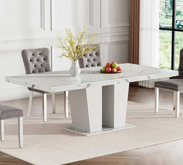 (incomplete box A) Expandable Dining Table 78.74” for 6-10, Modern White Faux Marble, Wood Dual Column Base, Large Rectangular Kitchen Table