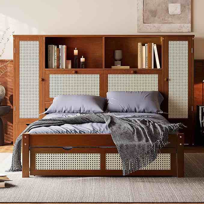 (incomplete box 2/2) Twin Size Wooden Bed with Two Storage Lockers, Drawer, and Storage Shelf on Headboard, Multifunctional Platform Bed with Natural Rattan, Walnut
