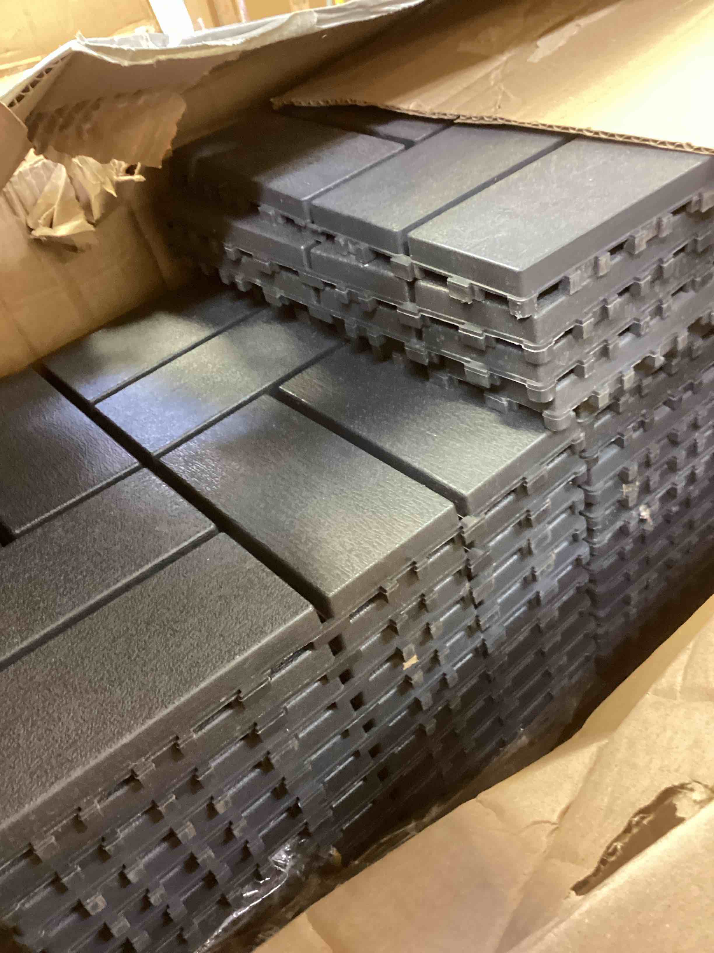 Condition photo showing As Is for Gloppers 38 Pack Plastic Interlocking Deck Tiles,12"x12" Waterproof Outdoor Flooring All Weather Use, Patio Deck Tiles for Porch Poolside Balcony Backyard, Dark Gray