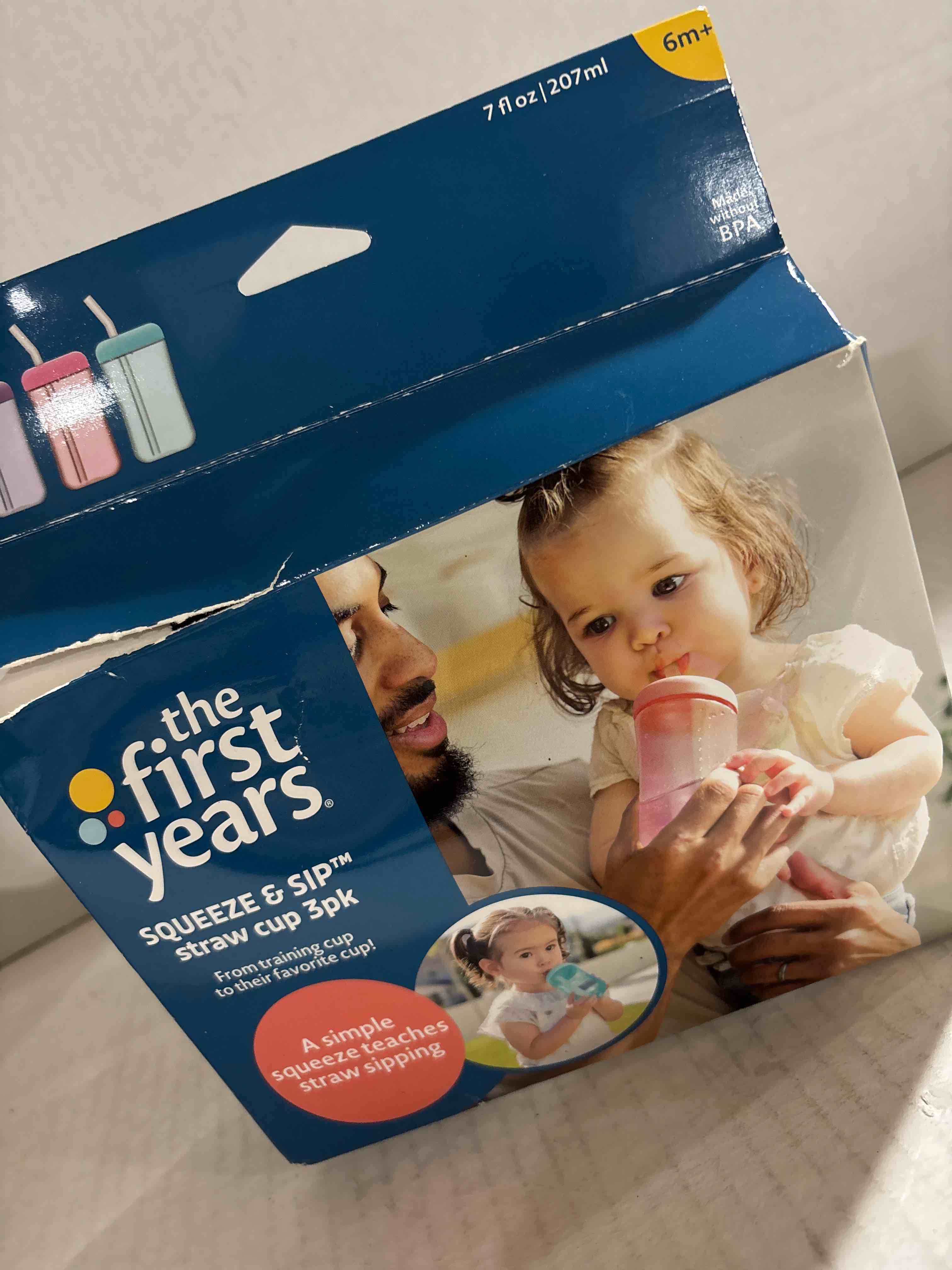 Condition photo showing New/Like New for The First Years Squeeze & Sip Toddler Straw Cups - Squeezable Transition Sippy Cup with Silicone Straw - Toddler Feeding Supplies - Pink/Purple/Blue - 7 Oz - 3 Count - Ages 6 Months and Up