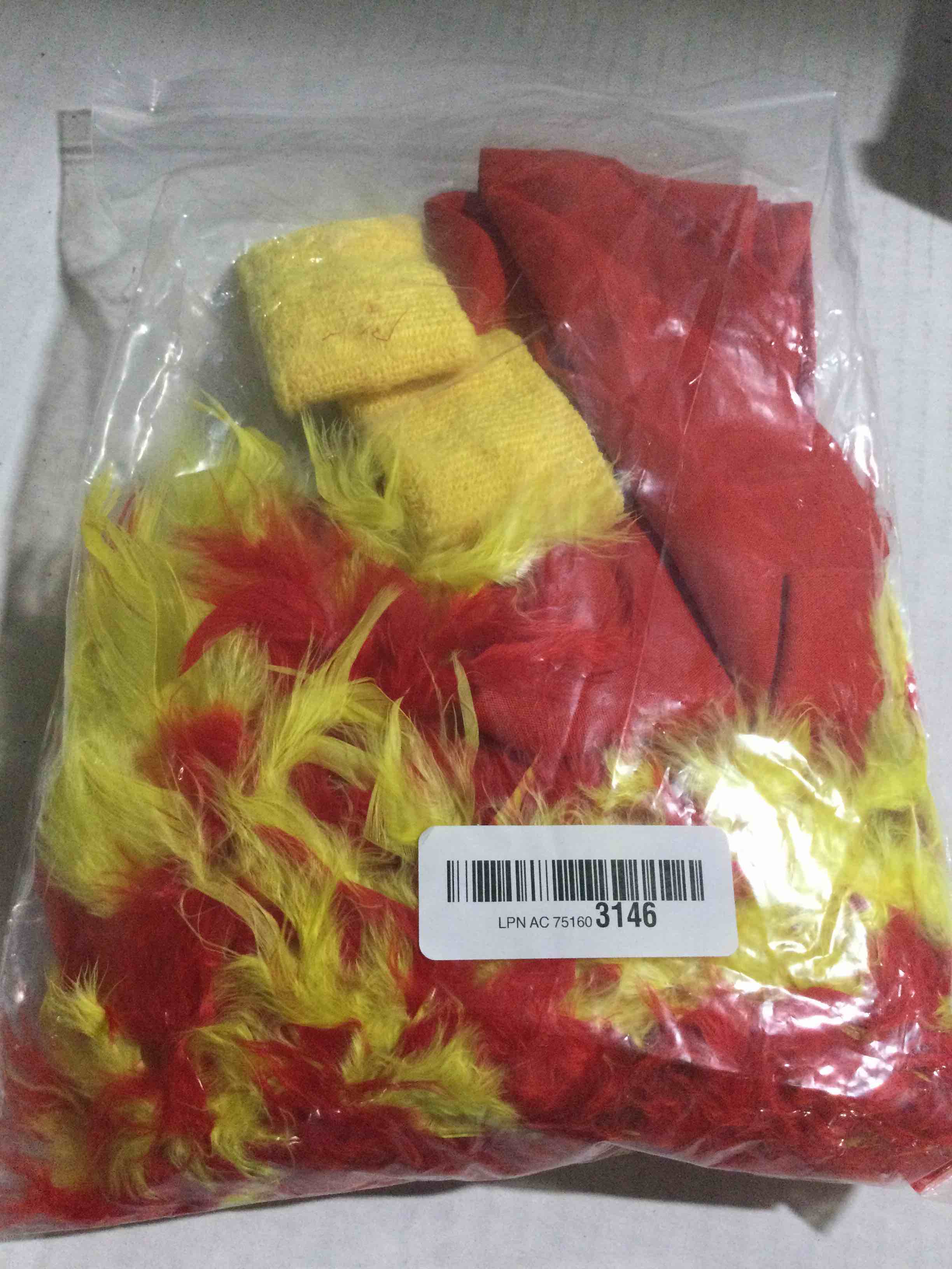 Condition photo showing New/Like New for Riceshoot 5 Pieces Halloween Costume Kit Includes Yellow and Red Feather Boa Fake Mustaches Red Bandana Tennis Wrist Sweatbands for Adult Halloween Cosplay Party Decoration