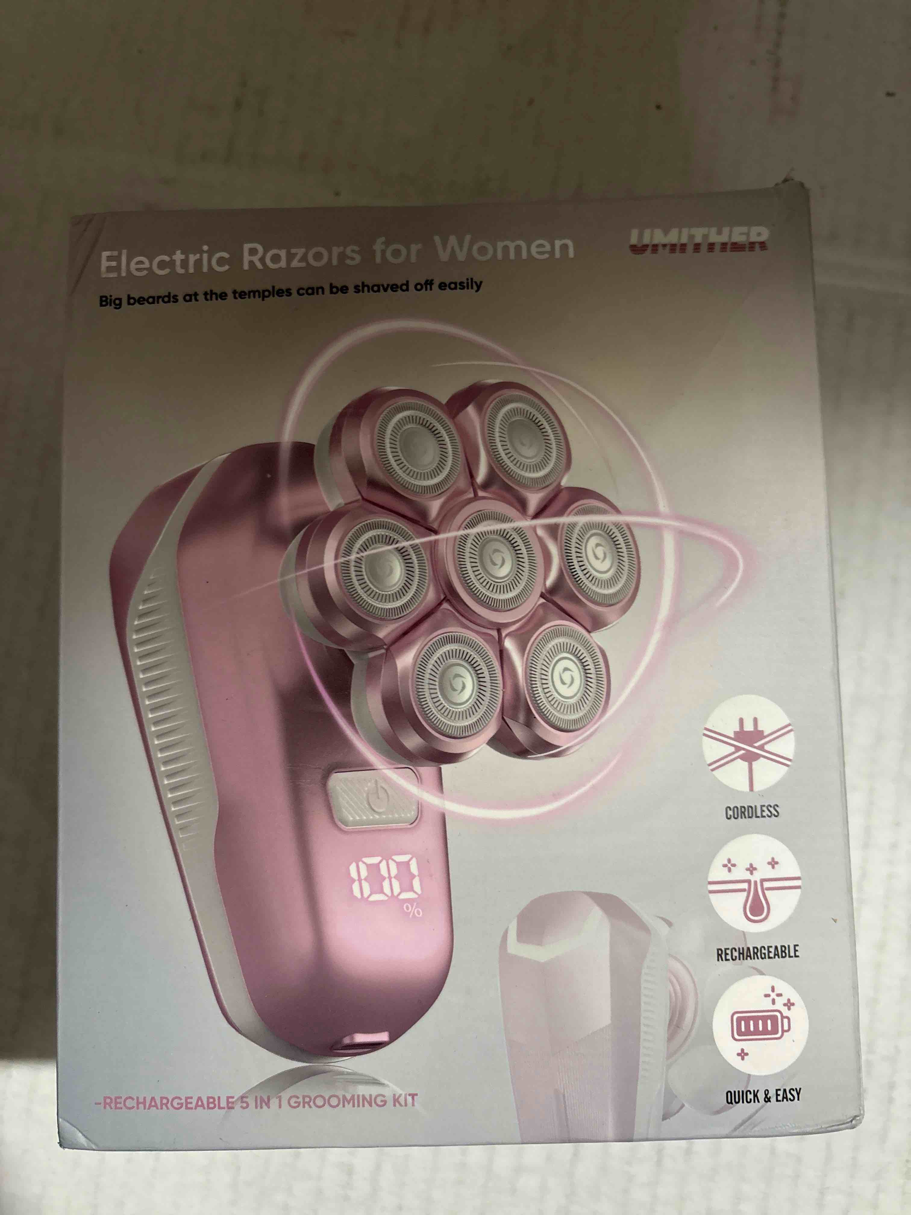 Condition photo showing New/Like New for Electric Shaver for Women, Electric Razor with 7D Magnetic Shaver Heads, Wet Dry Waterproof Bald Head Trimmer Kit for Women & Men, Nose Ear Hair Trimmer, USB Rechargeable Clippers, Pink