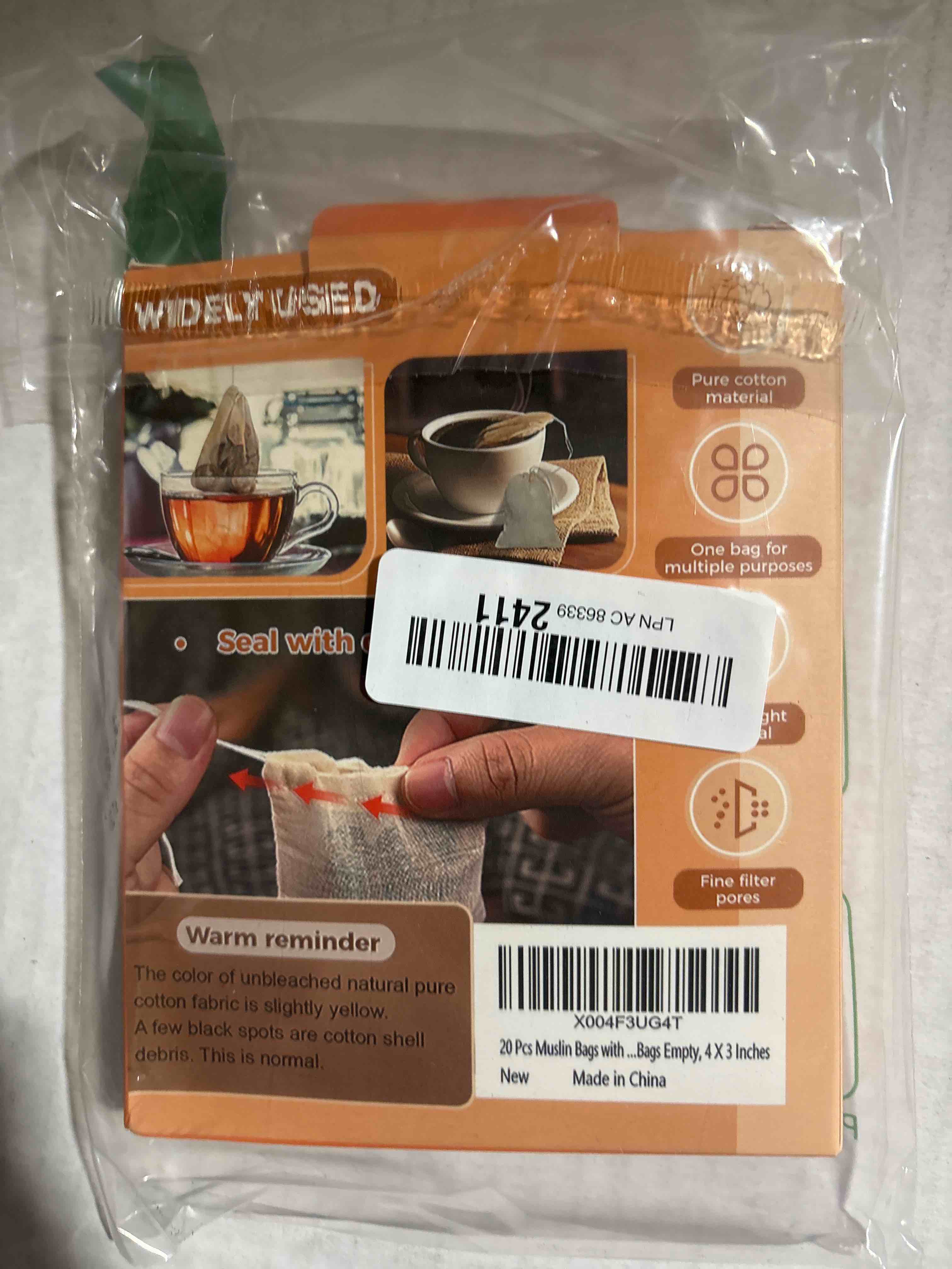 Condition photo showing New/Like New for 20 Pcs Muslin Bags with Drawstring, Reusable Tea Bags, Spice Bags for Cooking Soup/Herb/Loose Leaf Tea, Natural Cotton Small Cheese Cloth Bag for Straining, Sachet Bags Empty, 4 X 3 Inches 3 x 4 inches
