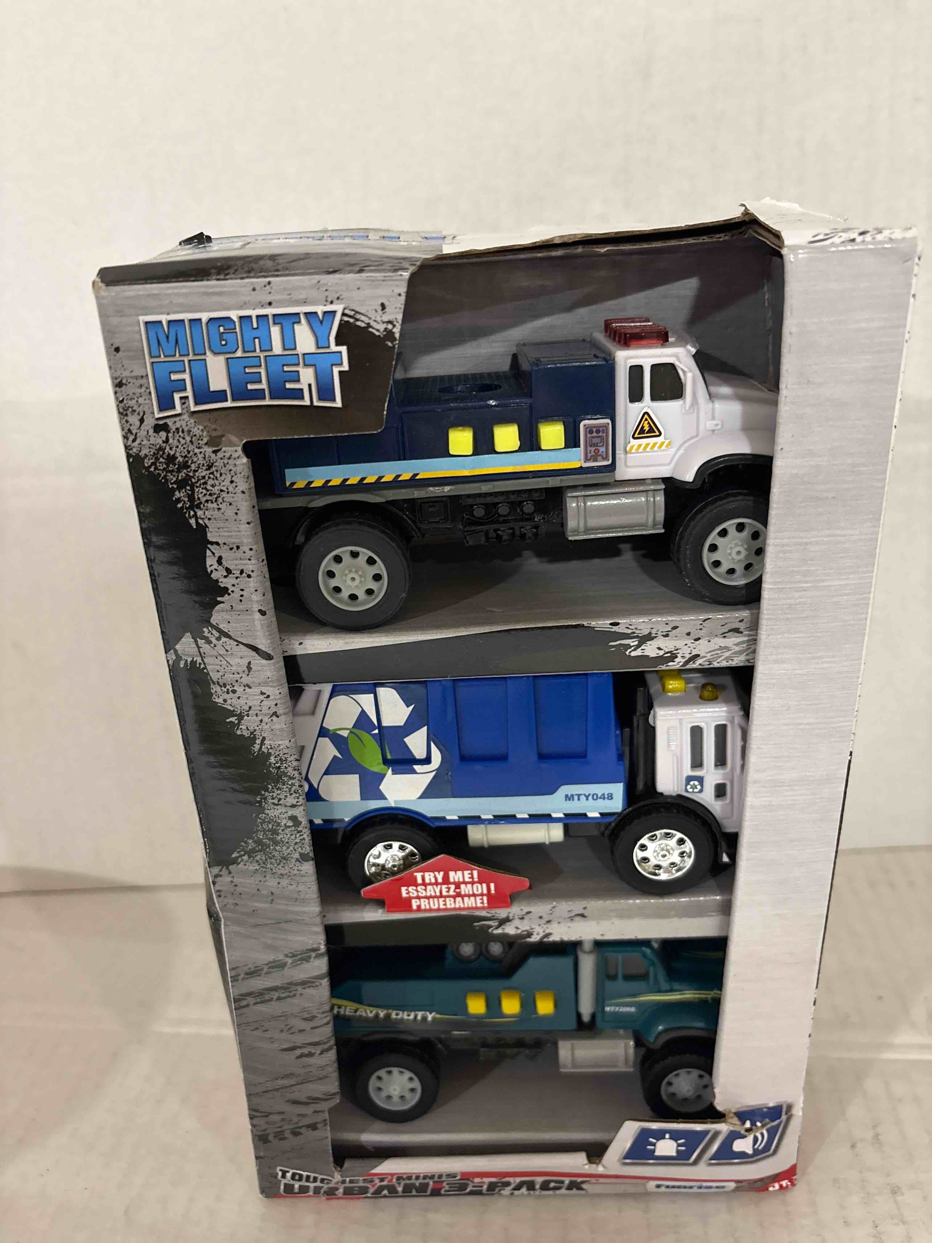 Condition photo showing New/Like New for Mighty Fleet Toughest Minis 3 Pack, 5" Garbage Truck, Cherry Picker, Tow Truck Toy w/Lights & Sounds, Realistic Design & Batteries Included - Age 3+