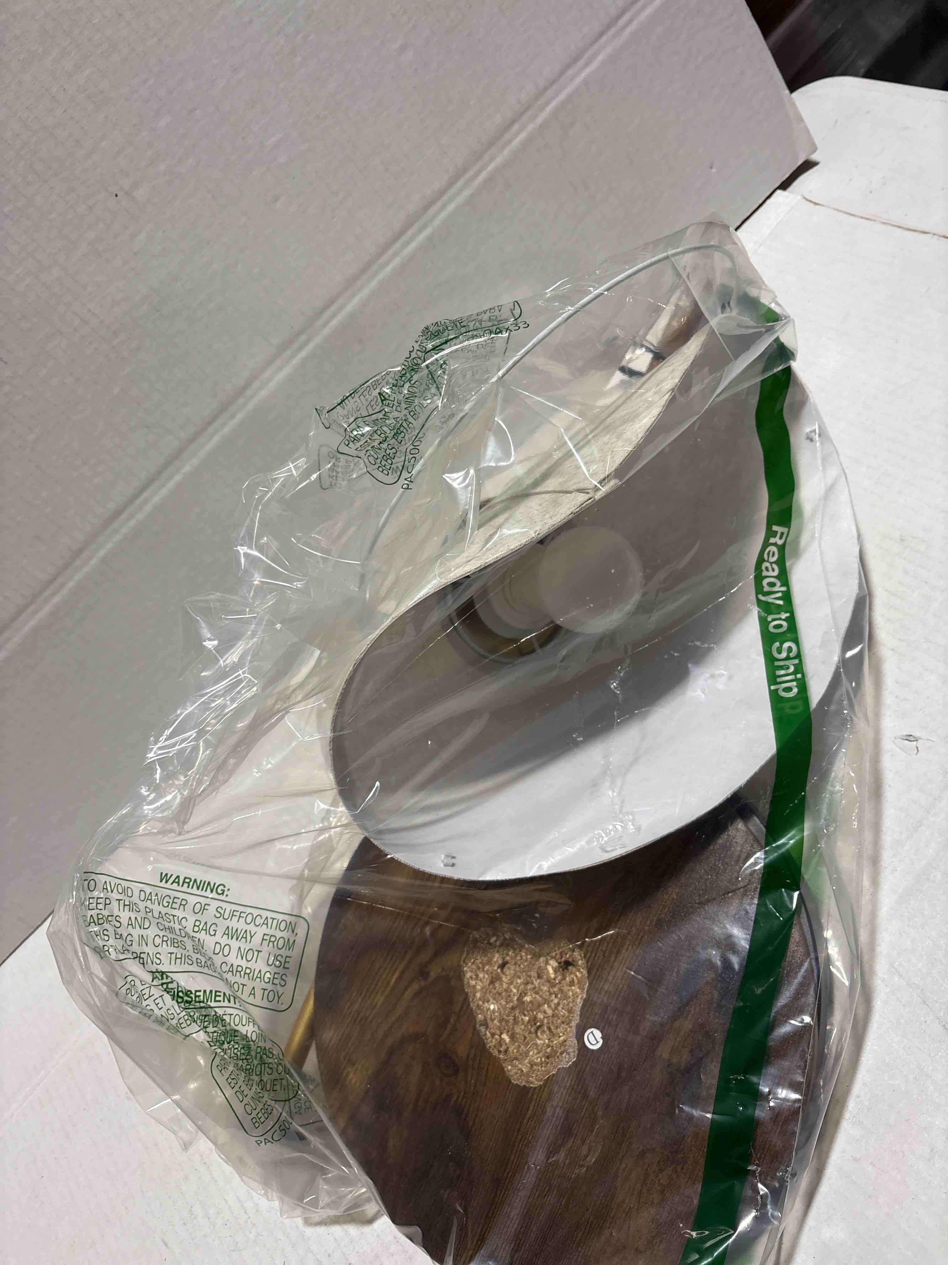 Condition photo showing As Is for EDISHINE 68" Arc Floor Lamp with Table, Vintage Standing Lamp for Living Room with Tray, Tall Reading Lamp, Beige Shade, Adjustable Arm, Remote Dimmable Bulb Included, for Bedroom Office, Wood Grain Rustic-Walnut