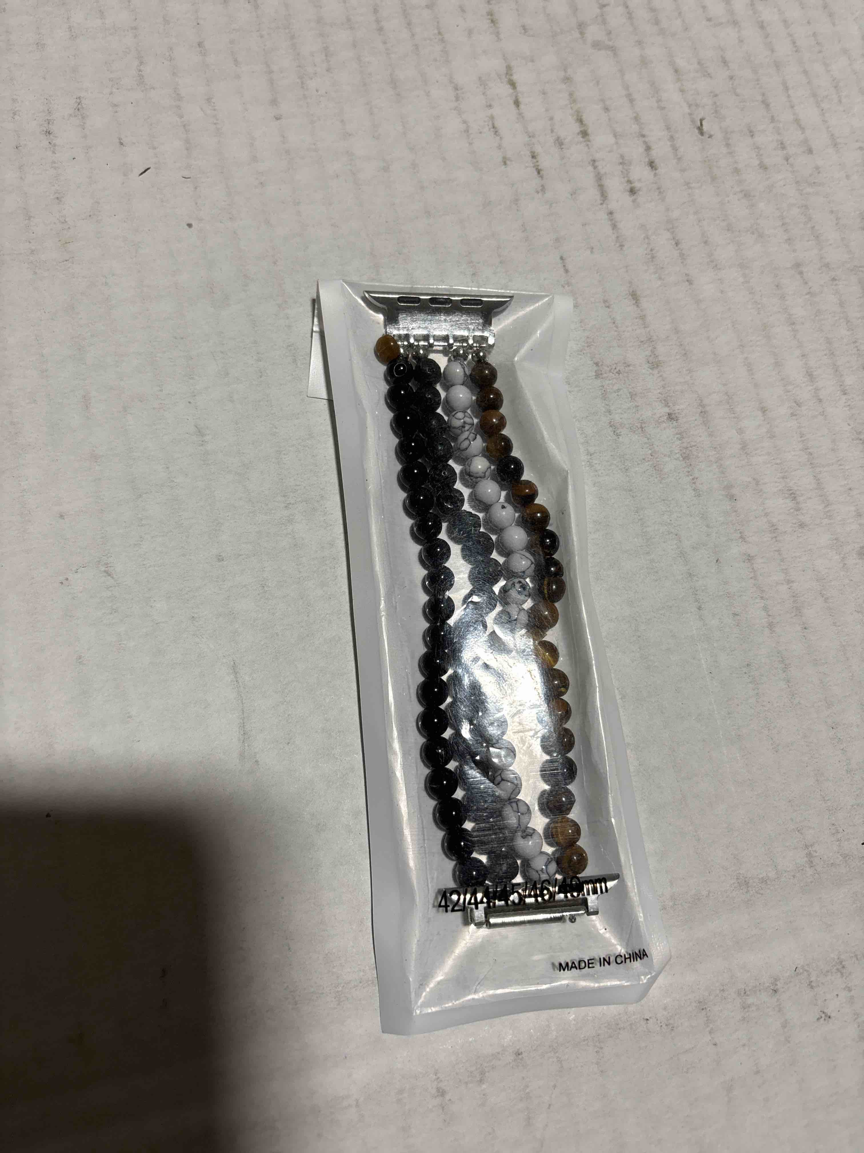 Condition photo showing New/Like New for Natural Stone Beaded Bracelet Compatible with Apple Watch Band Series 9, 10, Ultra 2, SE, Ultra 8 7 6 5 4 3 2 1, Elastic Stretchy Watch Strap for iWatch Band 38mm 40mm 41mm 42mm 44mm 45mm 49mm Women Black/White 44mm/45mm/46mm/49mm/42mm(Series 3/2/1)