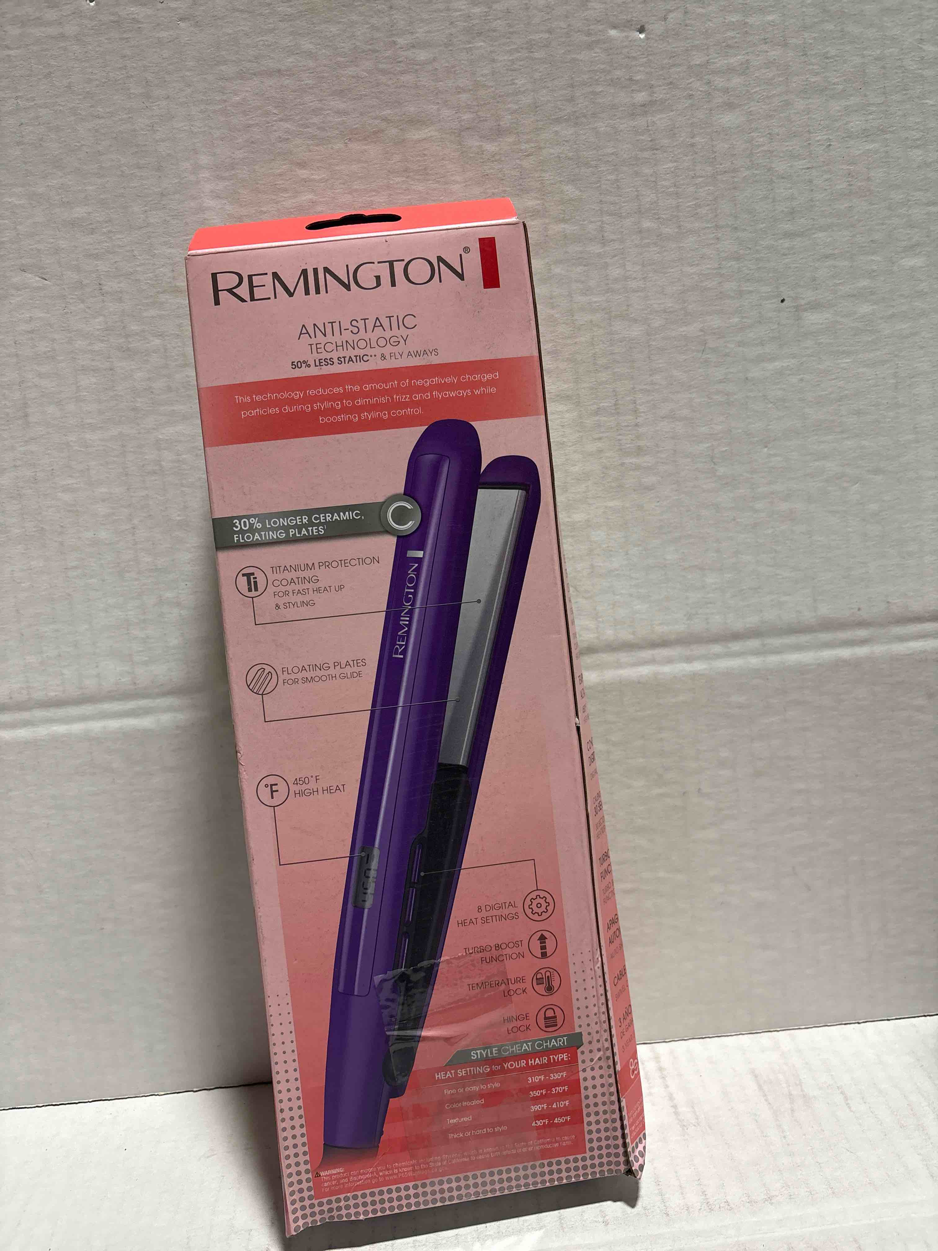 Condition photo showing New/Like New for Remington 1" Flat Iron, Hair Straightener with Anti-Static Technology, 30-Second Heat Up & 60 Minute Auto Shut-Off, 30% Longer Ceramic Floating Plates, Titanium + Ceramic Coating Purple 1 inch