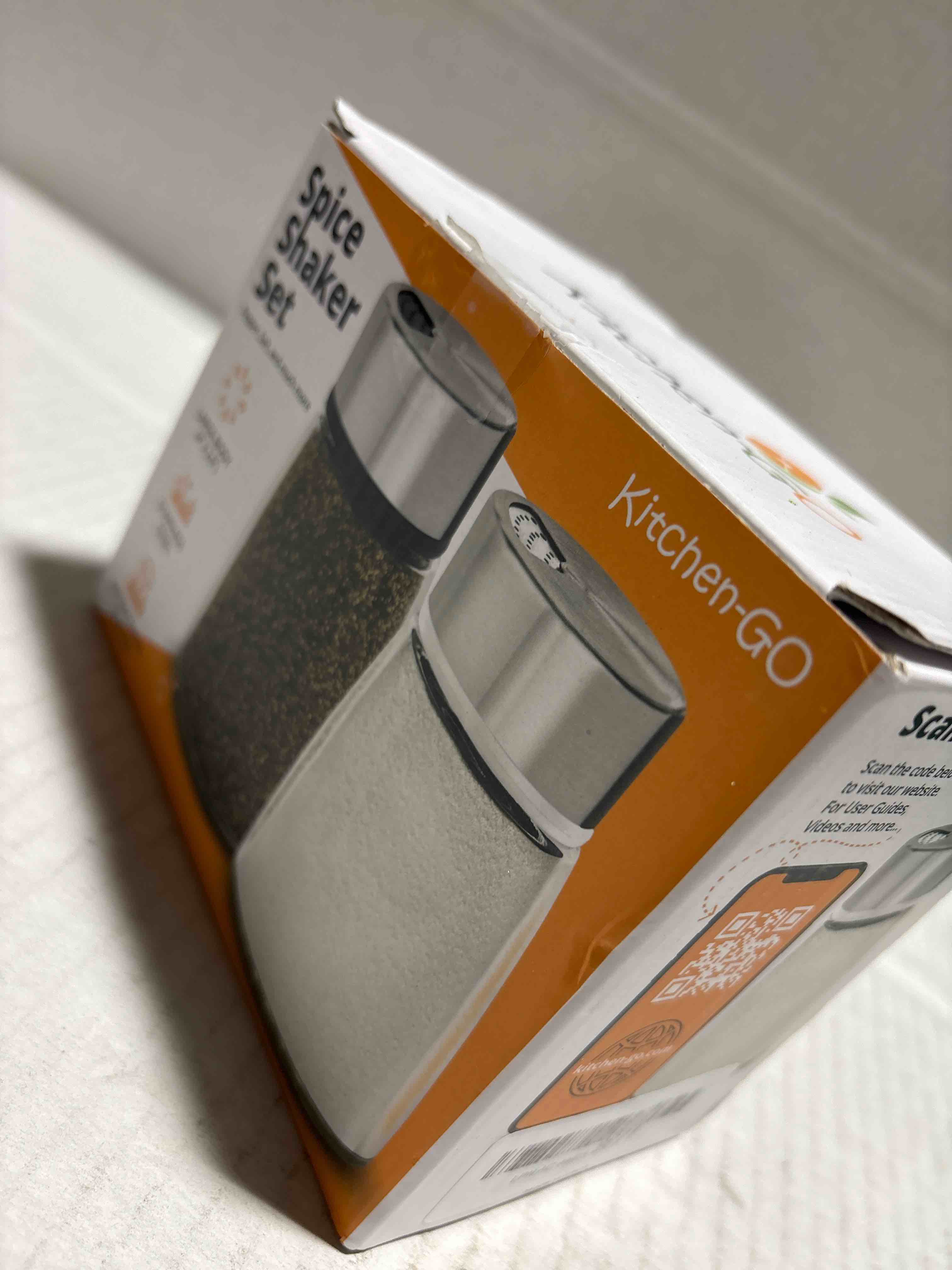 Condition photo showing New/Like New for Salt and Pepper Shakers Set with Adjustable Pour Holes - Stainless Steel Spice Dispenser - Perfect for Pink Himalayan, Table Salt, Black and White Pepper