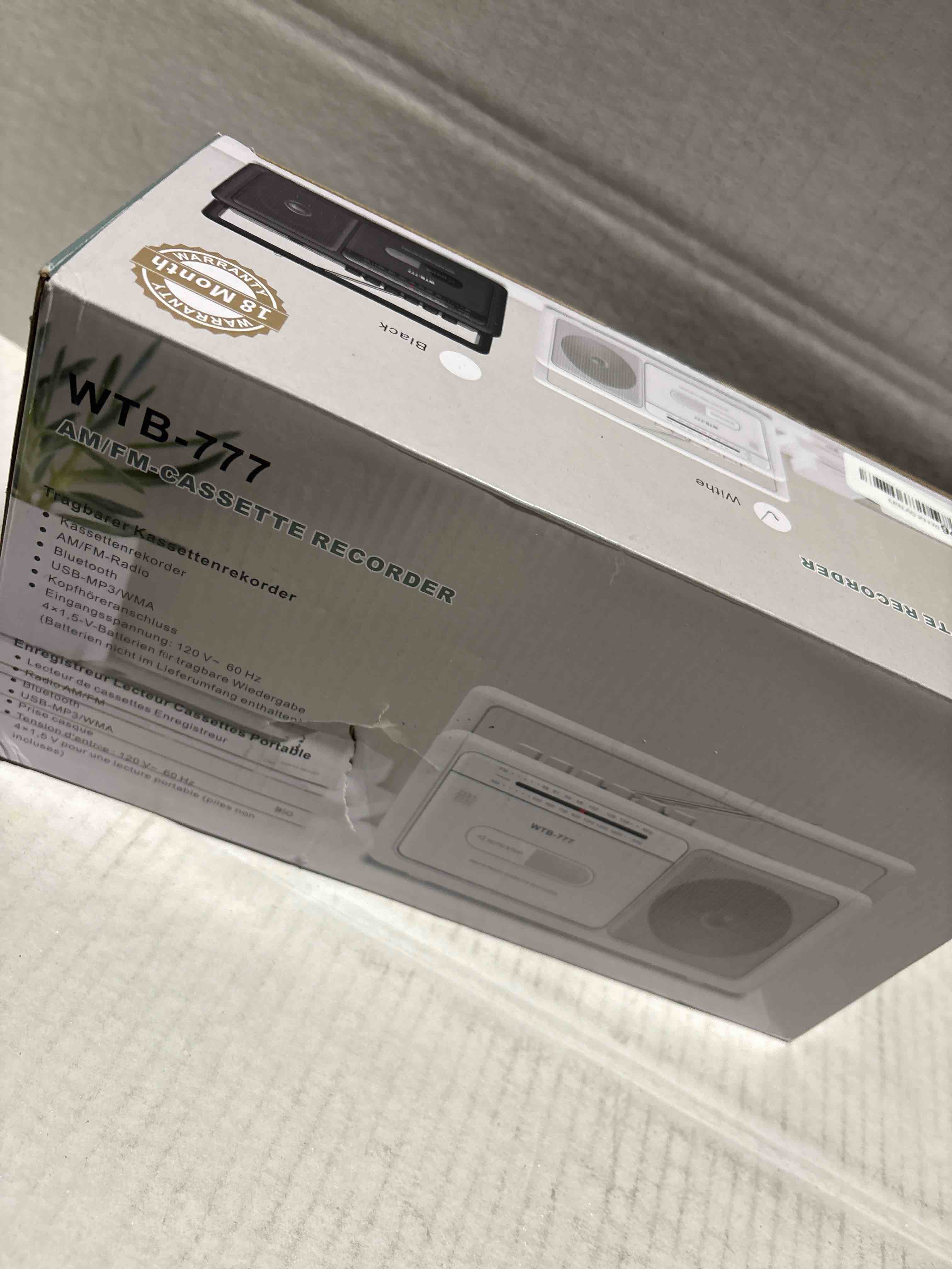 Condition photo showing New/Like New for Cassette Tape Player and Tape Cassette Recorder with Bluetooth Boombox, AM/FM Radio, USB, Earphone Jack, Built-in Microphone, DC/AC Powered, Portable Cassette Player Recorder(White)