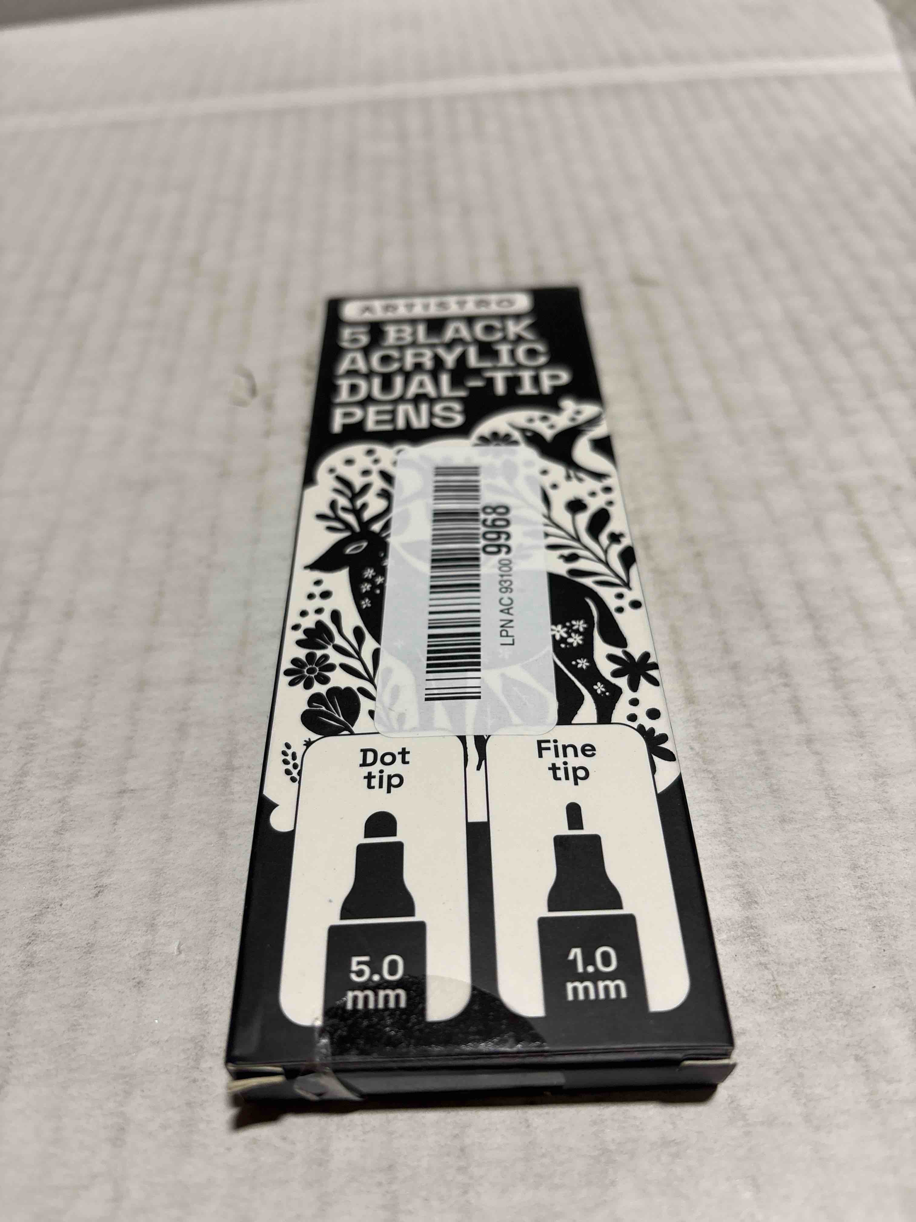 Condition photo showing New/Like New for ARTISTRO 5 Black Acrylic Paint Markers for Rock, Fabric, Wood, Glass, Craft, Decoration - Dual-Tip Paint Pens - Stocking Stuffers, Christmas Gift Idea for Teens, Grandkids, Kids - Art Supplies