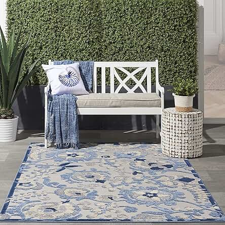 nourison 5’3”x7’ romantic garden indoor/outdoor high-low rug, blue grey