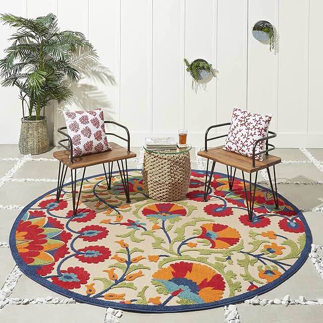 nourison 7’10” round Romantic garden indoor/outdoor high-low rug, multi 
