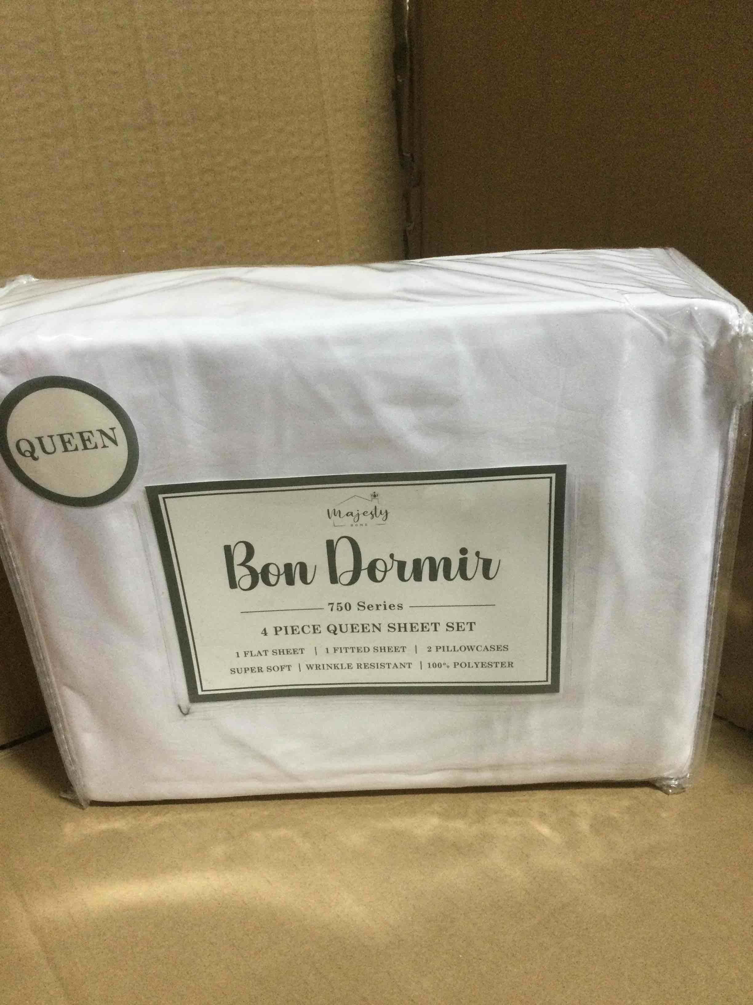 Condition photo showing New/Like New for Bon Dormir 750 series 4 piece queen sheet set includes one flat sheet one fitted sheet two pillowcases