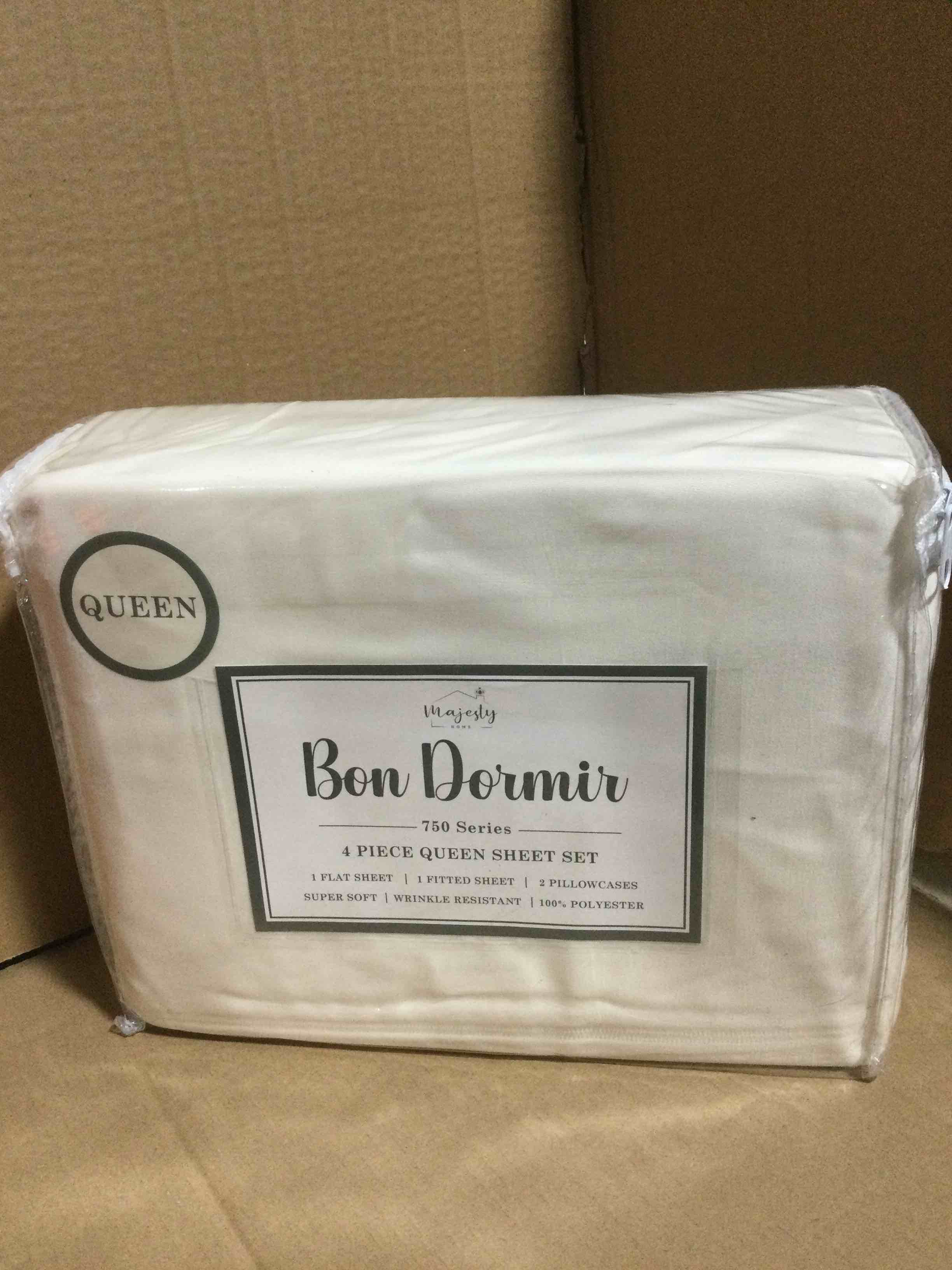 Condition photo showing New/Like New for Bon Dormir 750 series 4 piece queen sheet set includes one flat sheet one fitted sheet two pillowcases