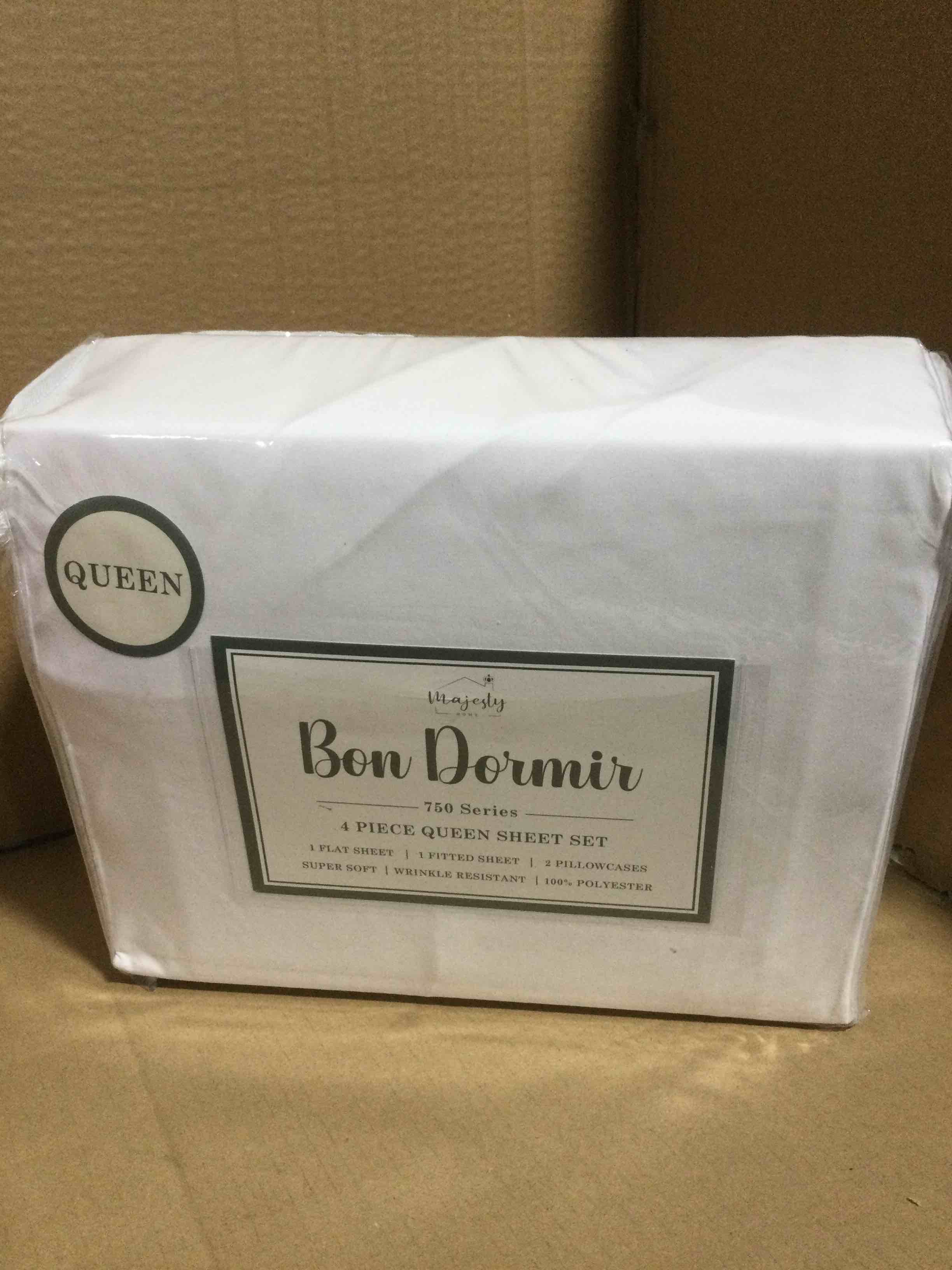 Condition photo showing New/Like New for Bon Dormir 750 series 4 piece queen sheet set includes one flat sheet one fitted sheet two pillowcases
