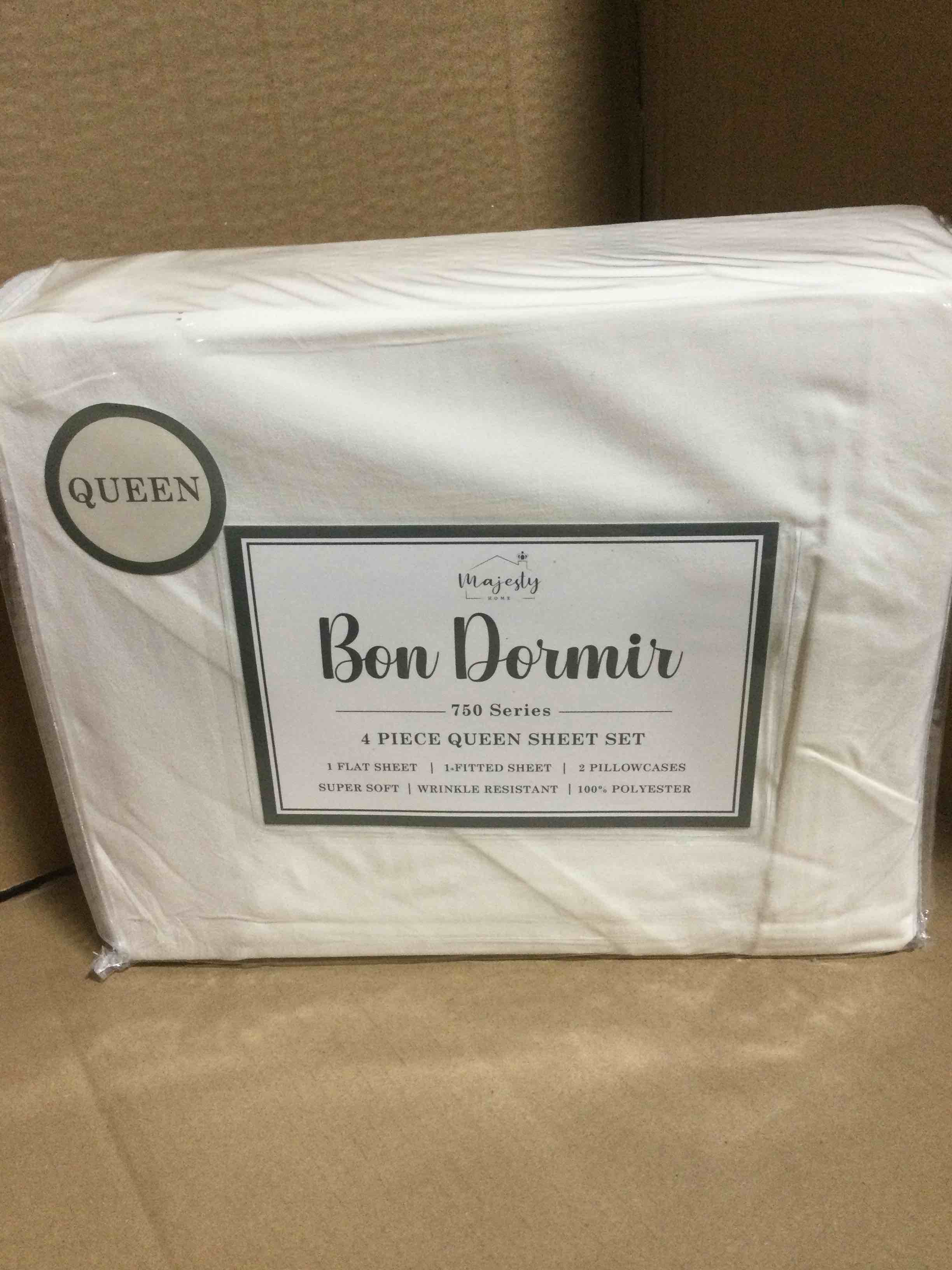 Condition photo showing New/Like New for Bon Dormir 750 series 4 piece queen sheet set includes one flat sheet one fitted sheet two pillowcases
