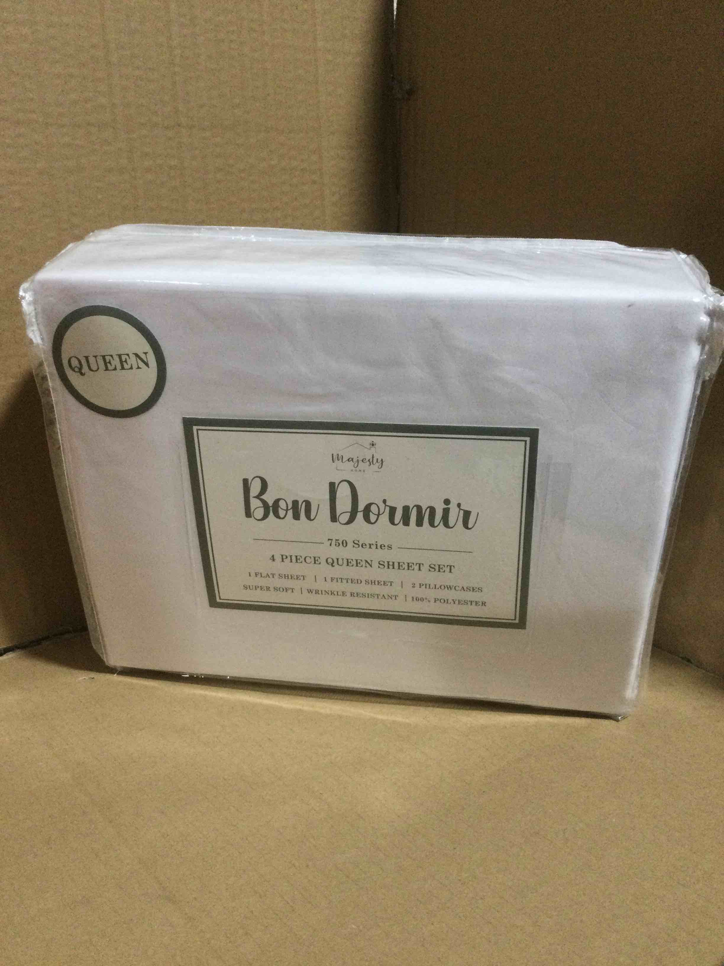 Condition photo showing New/Like New for Bon Dormir 750 series 4 piece queen sheet set includes one flat sheet one fitted sheet two pillowcases