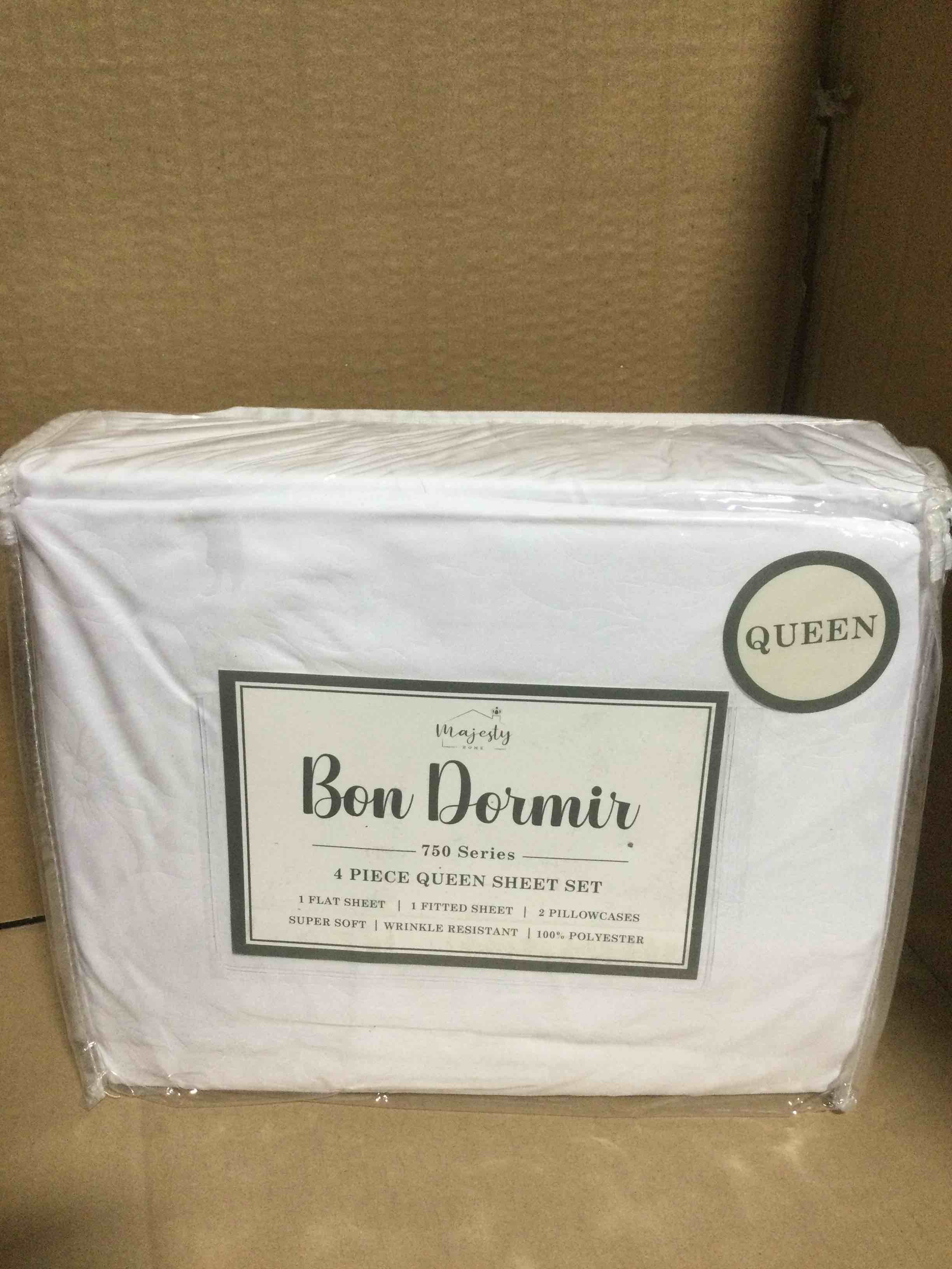 Condition photo showing New/Like New for queen Bon Dormir 750 series 4 piece queen sheet set includes one flat sheet one fitted sheet two pillowcases