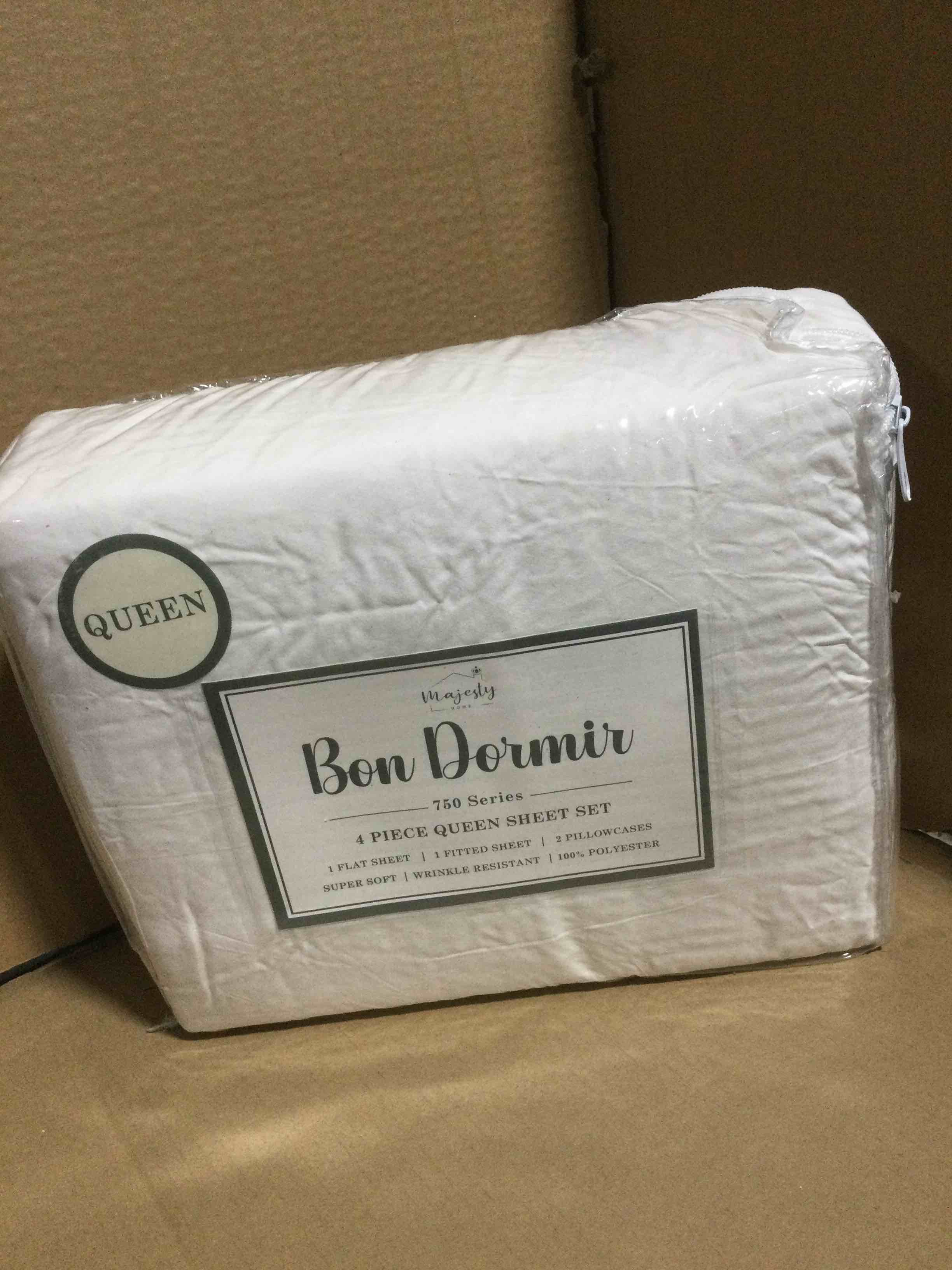 Condition photo showing New/Like New for queen Bon Dormir 750 series 4 piece queen sheet set includes one flat sheet one fitted sheet two pillowcases