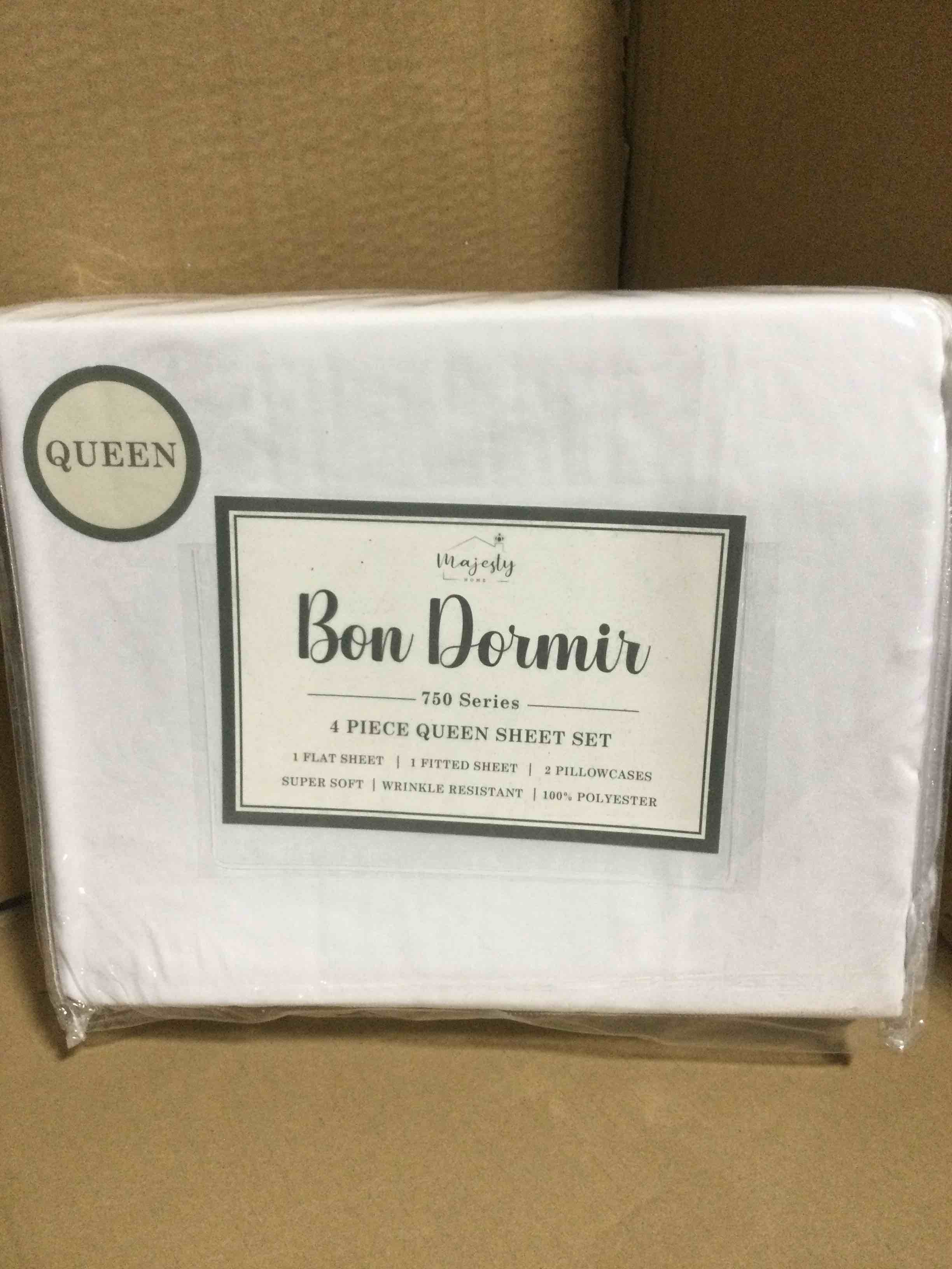 Condition photo showing New/Like New for queen Bon Dormir 750 series 4 piece queen sheet set includes one flat sheet one fitted sheet two pillowcases