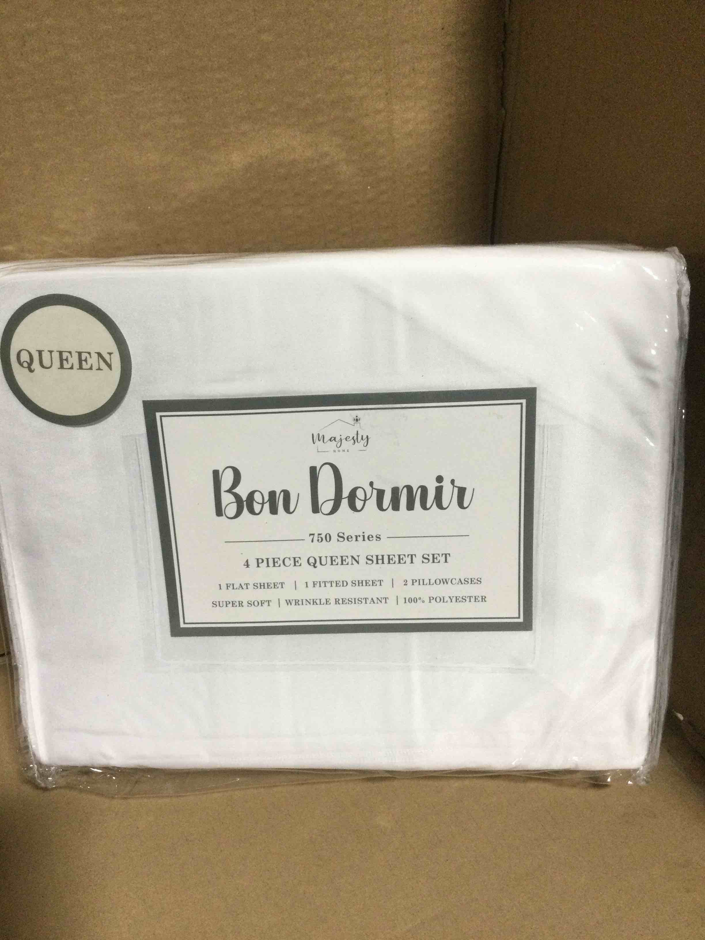 Condition photo showing New/Like New for queen Bon Dormir 750 series 4 piece queen sheet set includes one flat sheet one fitted sheet two pillowcases