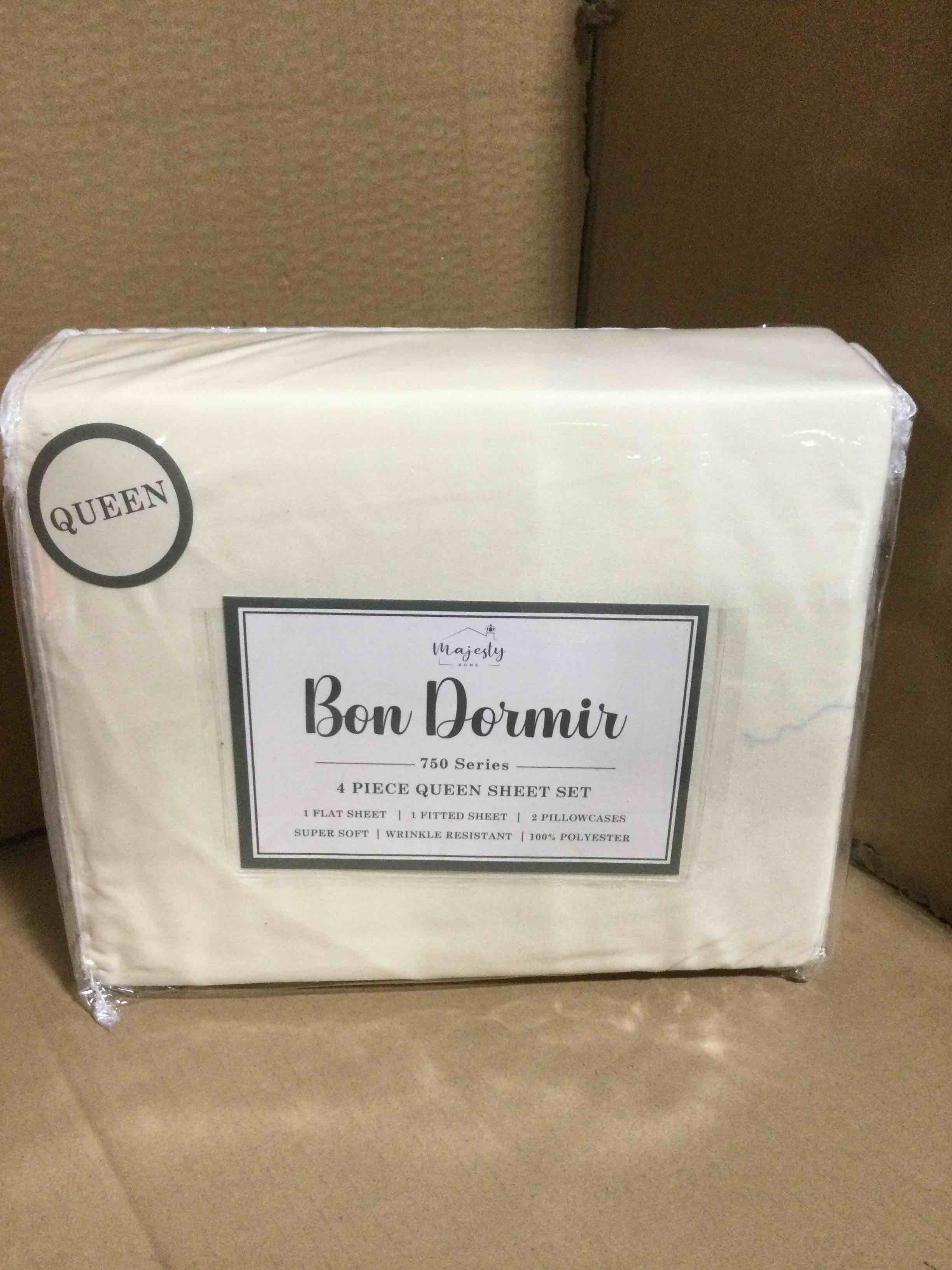 Condition photo showing New/Like New for Queen Bon Dormir 750 series 4 piece queen sheet set includes one flat sheet one fitted sheet two pillowcases