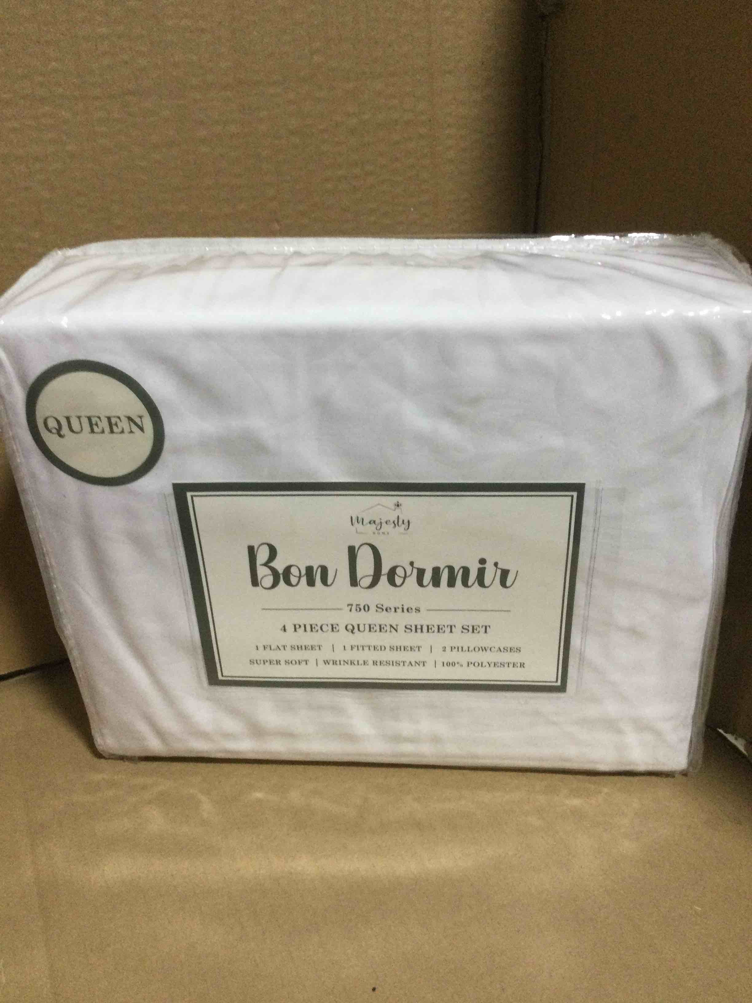 Condition photo showing New/Like New for Queen Bon Dormir 750 series 4 piece queen sheet set includes one flat sheet one fitted sheet two pillowcases