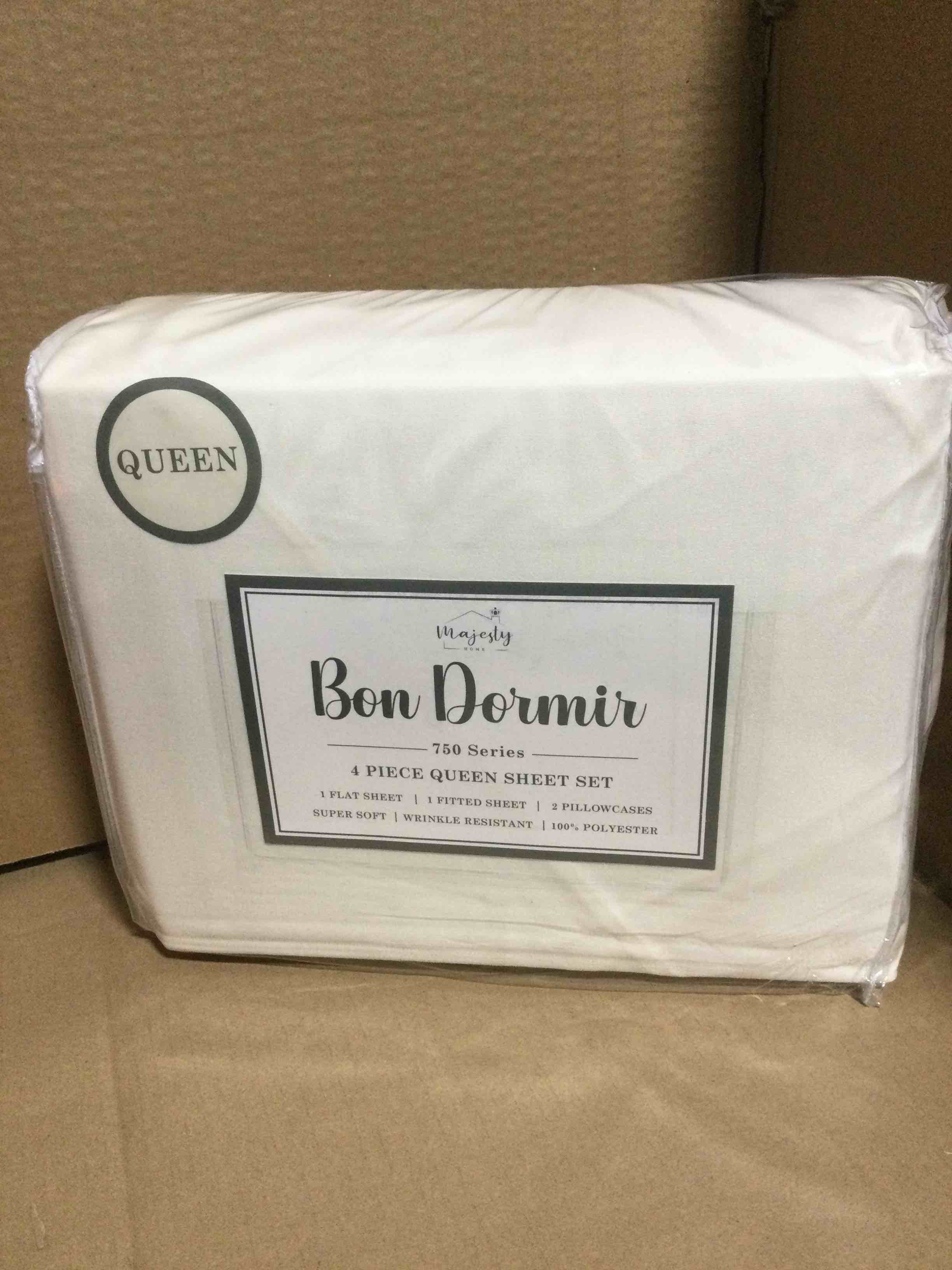 Condition photo showing New/Like New for Queen Bon Dormir 750 series 4 piece queen sheet set includes one flat sheet one fitted sheet two pillowcases