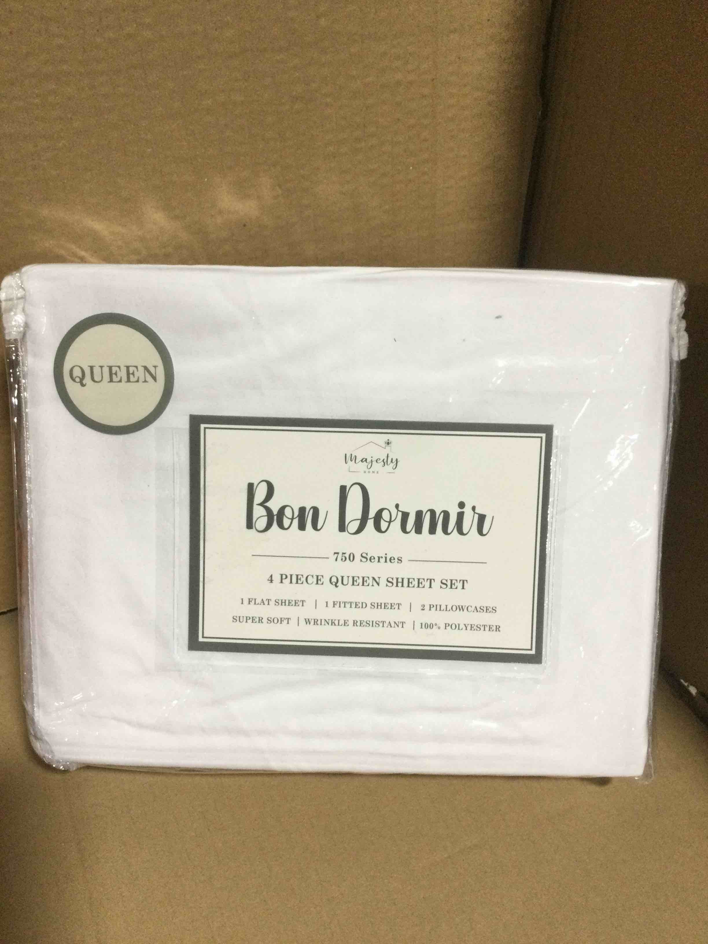 Condition photo showing New/Like New for Queen Bon Dormir 750 series 4 piece queen sheet set includes one flat sheet one fitted sheet two pillowcases