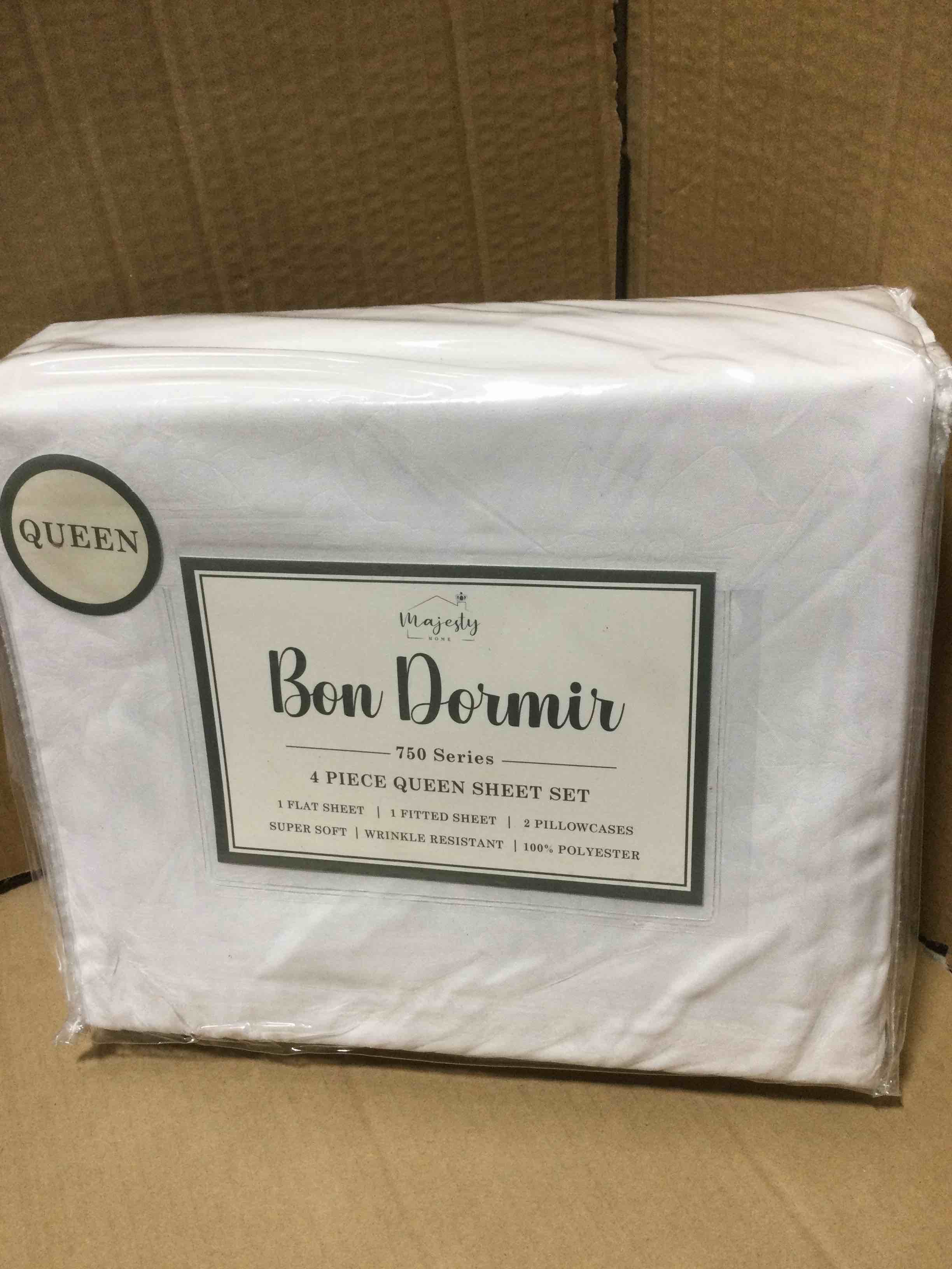 Condition photo showing New/Like New for Queen Bon Dormir 750 series 4 piece queen sheet set includes one flat sheet one fitted sheet two pillowcases