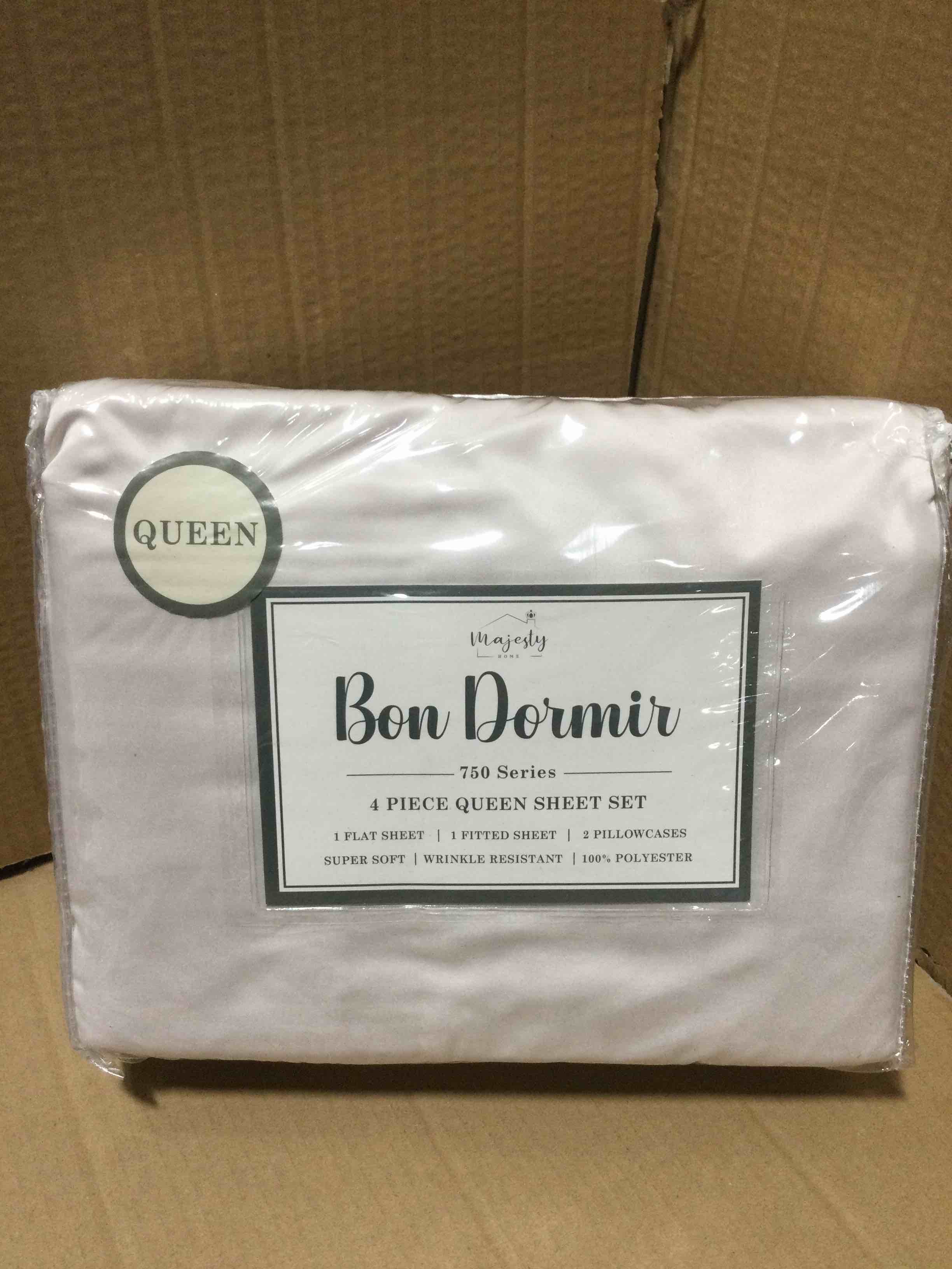 Condition photo showing New/Like New for Queen Bon Dormir 750 series 4 piece queen sheet set includes one flat sheet one fitted sheet two pillowcases