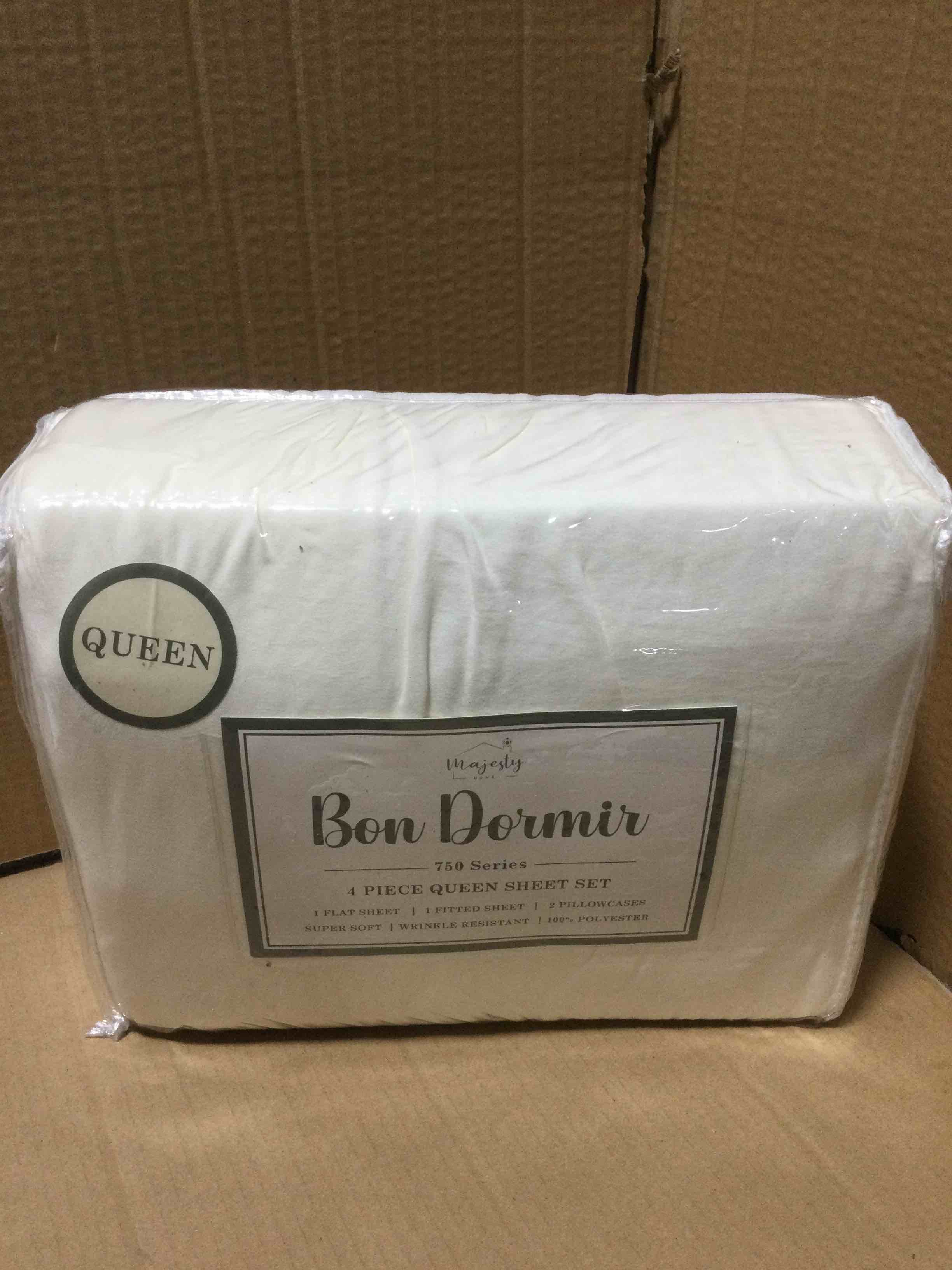 Condition photo showing New/Like New for Queen Bon Dormir 750 series 4 piece queen sheet set includes one flat sheet one fitted sheet two pillowcases