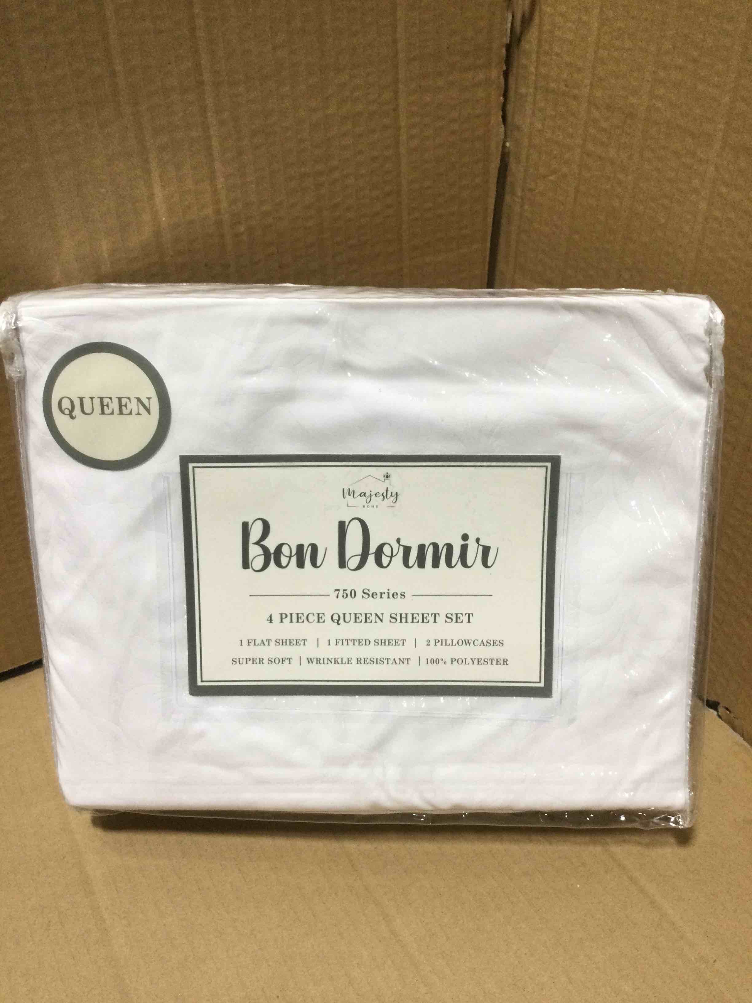 Condition photo showing New/Like New for Queen Bon Dormir 750 series 4 piece queen sheet set includes one flat sheet one fitted sheet two pillowcases