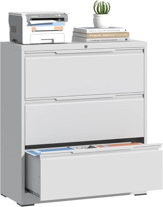 3-Drawer White Lateral File Cabinet With Lock