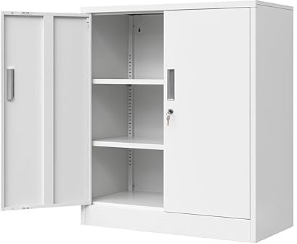 White Metal Storage Cabinets with Shelves and Doors