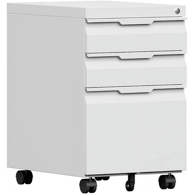3-Drawer Mobile File Cabinet, White, Under Desk Storage
