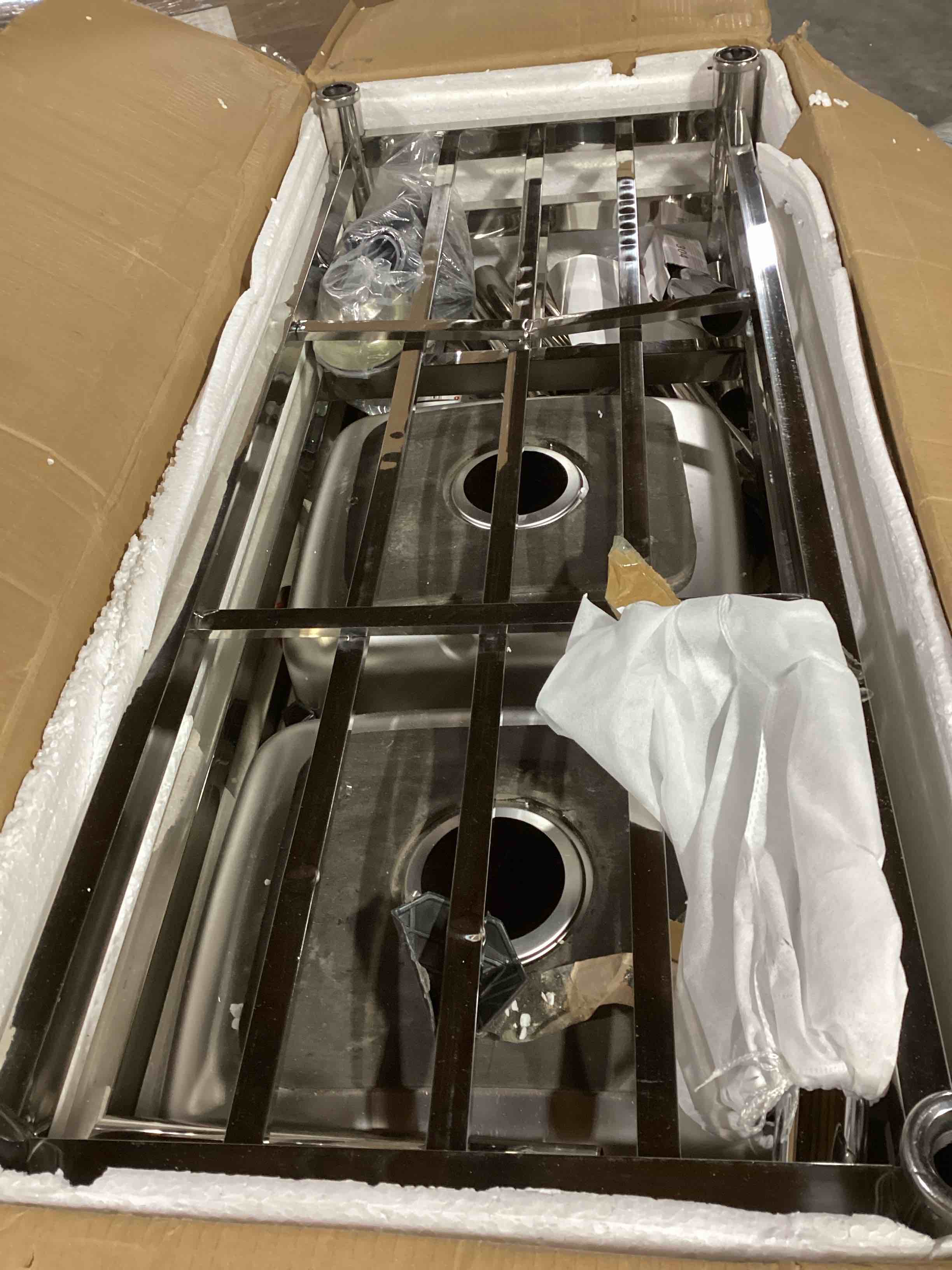 Condition photo showing Good Condition for DuyviSteil Stainless Steel Sink 2 Compartment Free Standing Utility Sink, Commercial Restaurant Kitchen Sink, Outdoor Sink Set w/Pull-out Faucet & Workbench with Water Pipe (47in)