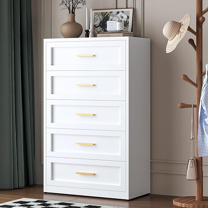 White 5 Drawer Metal Dresser for Bedroom, Tall White