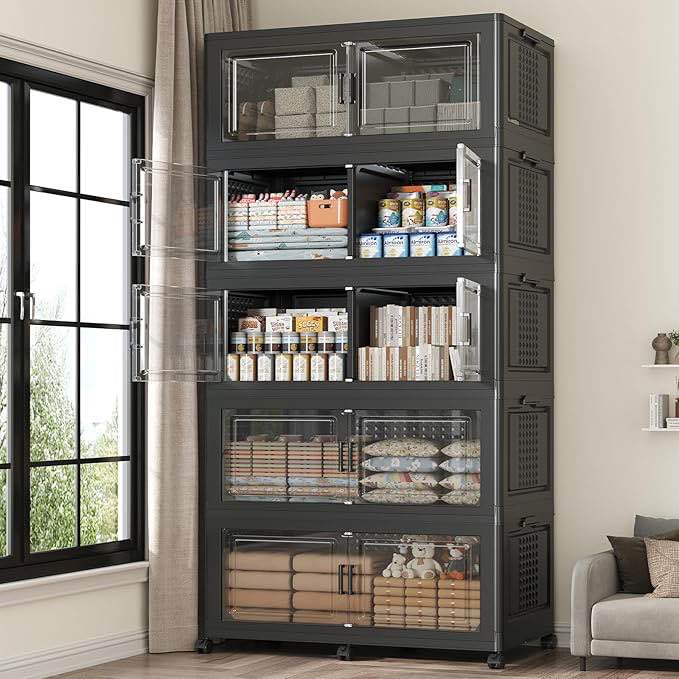 Stackable Storage Bins with Lid, 5 Collapsible Storage Bins With Doors 