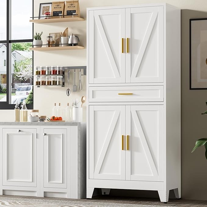 71" Tall Metal Storage Cabinet with Adjustable Shelves,Farmhouse Kitchen Pantry Cabinet with 2 Barn Doors and Drawer