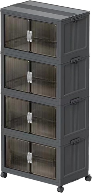 Black Plastic 4-Tier Folding Storage Cabinet, Collapsible Storage Bin with Magnetic Door Storage Box