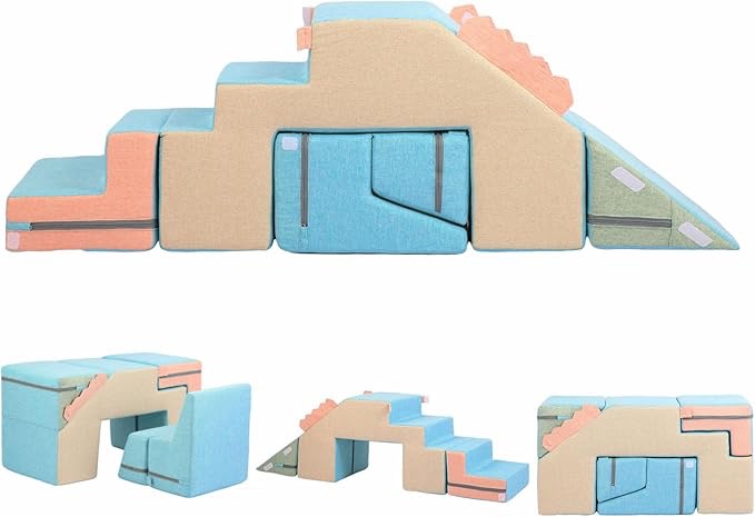 Asweets 4 in 1 Foam Climbing Blocks for Toddlers, Indoor Soft Climb and Crawl Play Climbing Toys for Creativity & Imagination, (Linen-Blue-Pink)