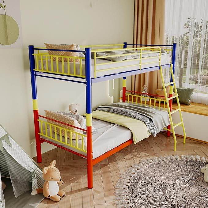 Metal Bunk Bed, Bunk Bed Twin Over Twin, Bunkbeds with Safety Guardrail and Ladder, No Box Springs, Space-Saving (Colorful, Twins)