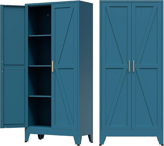 Farmhouse Storage Cabinet with 2 Barn Door, Tall Kitchen Pantry Cupboard with 3 Adjustable Shelves