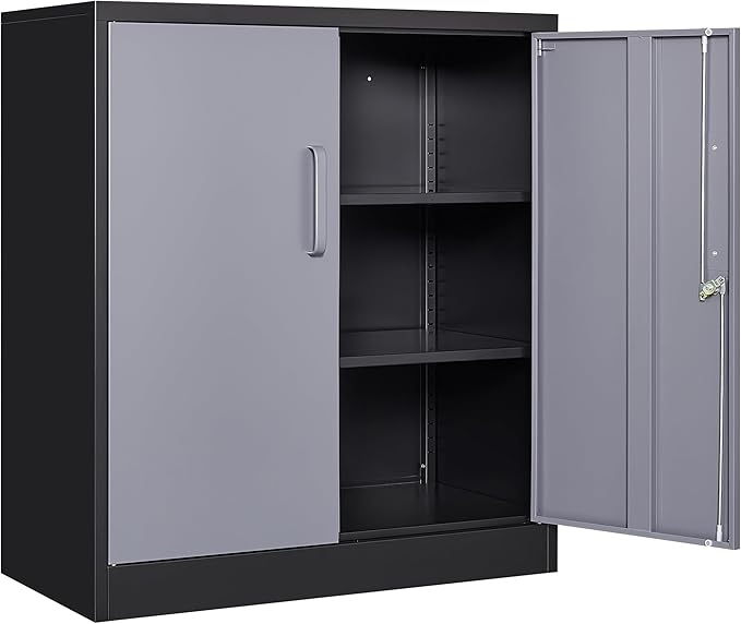 Black 2-Door Metal Cabinet With Gray Doors 
