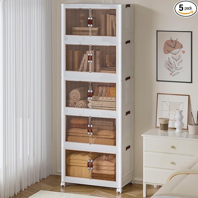 Stackable Storage Bins with Lid, 5 Pack Plastic Collapsible Storage Cabinet, Foldable Folding Box Organizer/Storage Container Cart