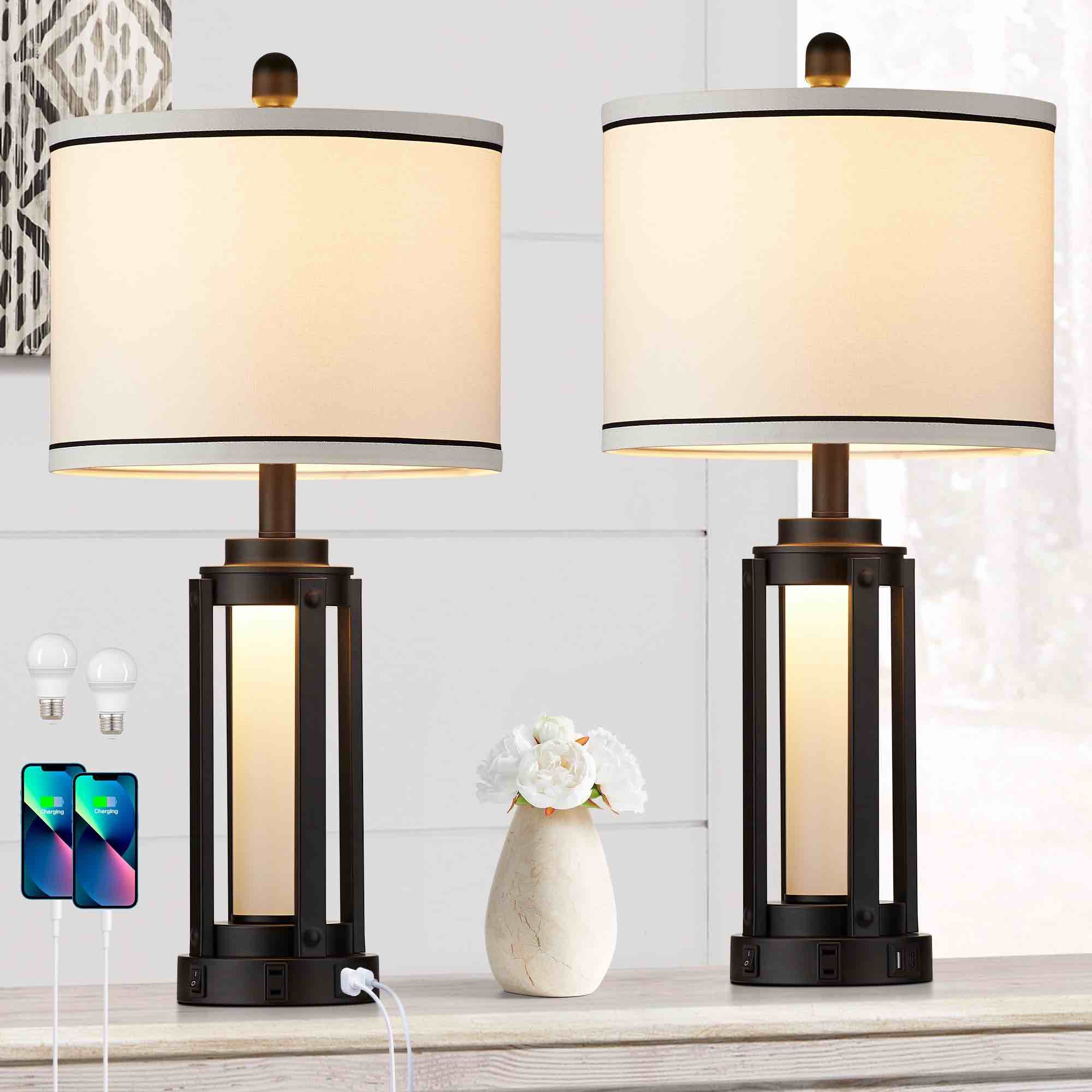 Set of 2 Modern Table Lamps With White Fabric Shades 