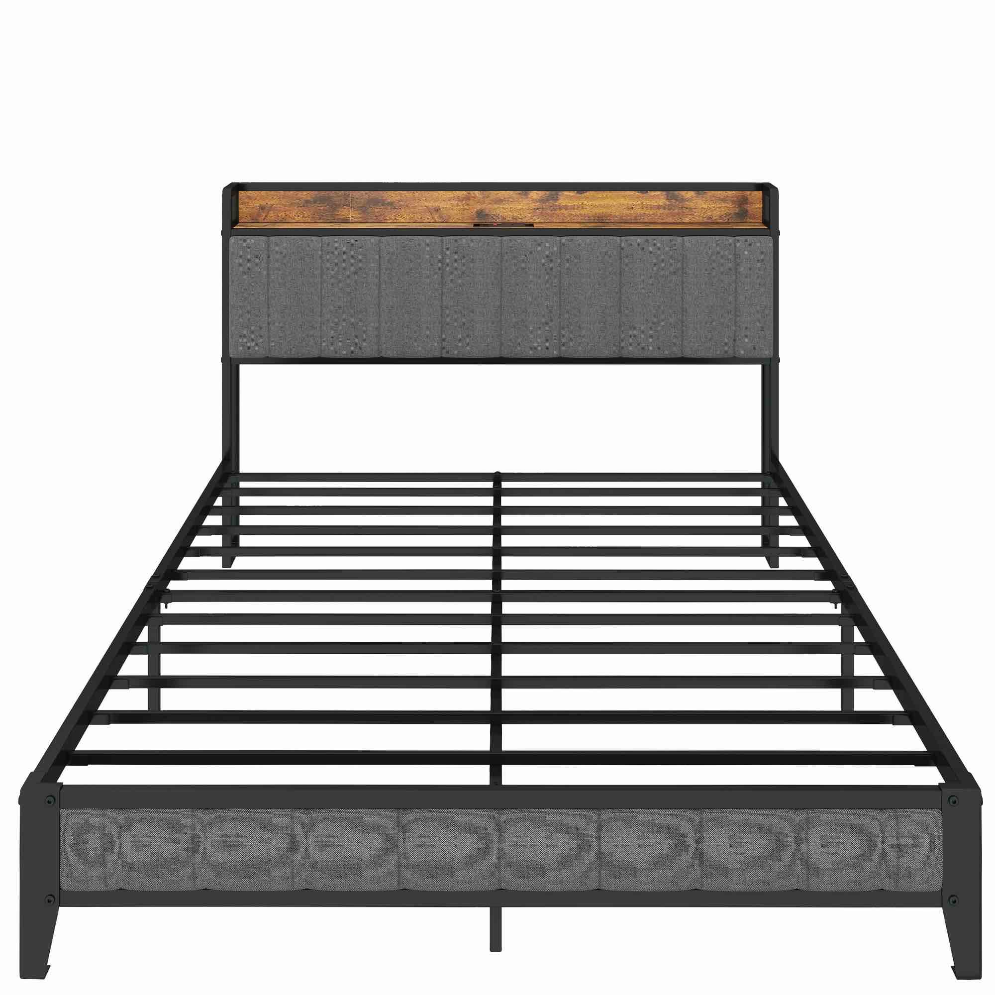 Bed Frame Full Size Bed Frame with Charging Station, Upholstered Headboard, Metal Platform, Grey