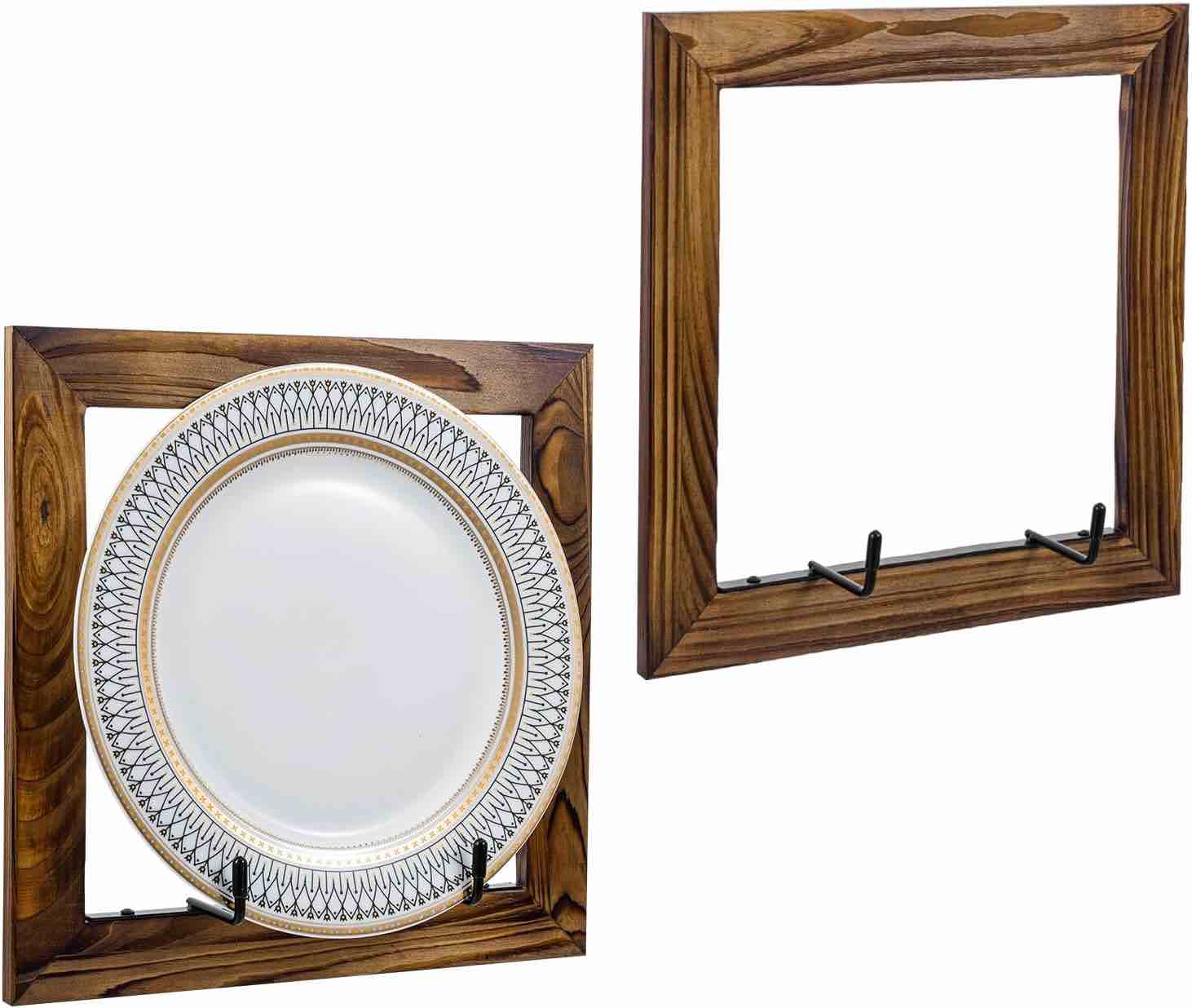 MyGift Set of 3 Wall Mounted Decorative Display Wooden Dual Plate Holders Rustic Burnt Solid Wood St